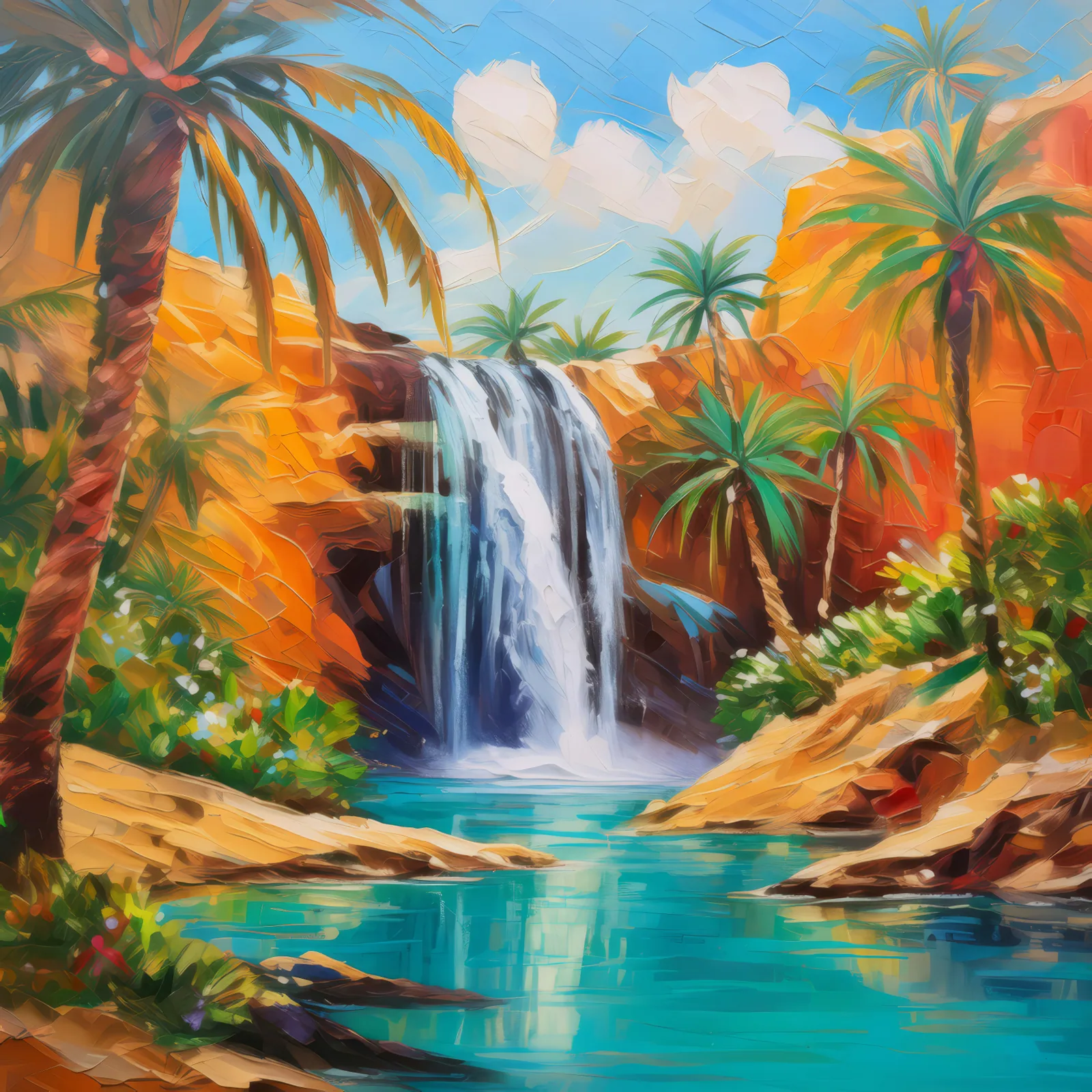 Hidden Oasis Waterfall, a palette-knife oil landscape by Emma Mickelberg