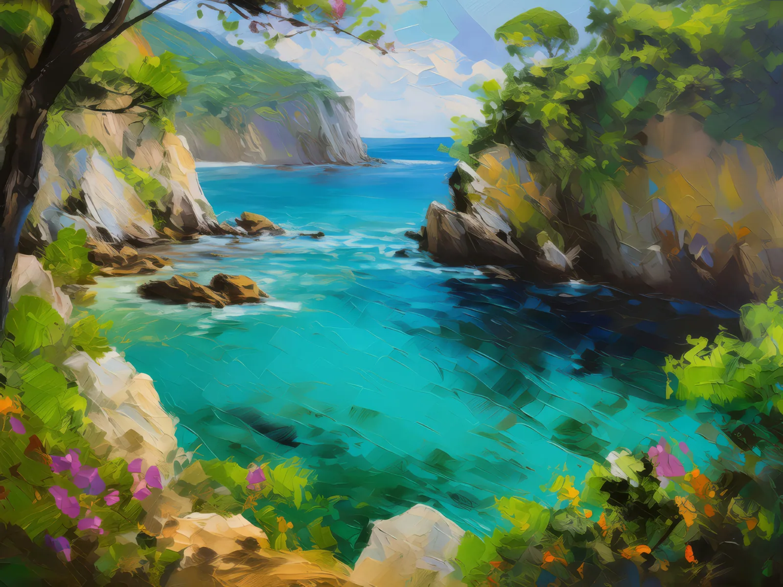 Hidden Ocean Cove, a palette-knife oil landscape by Emma Mickelberg