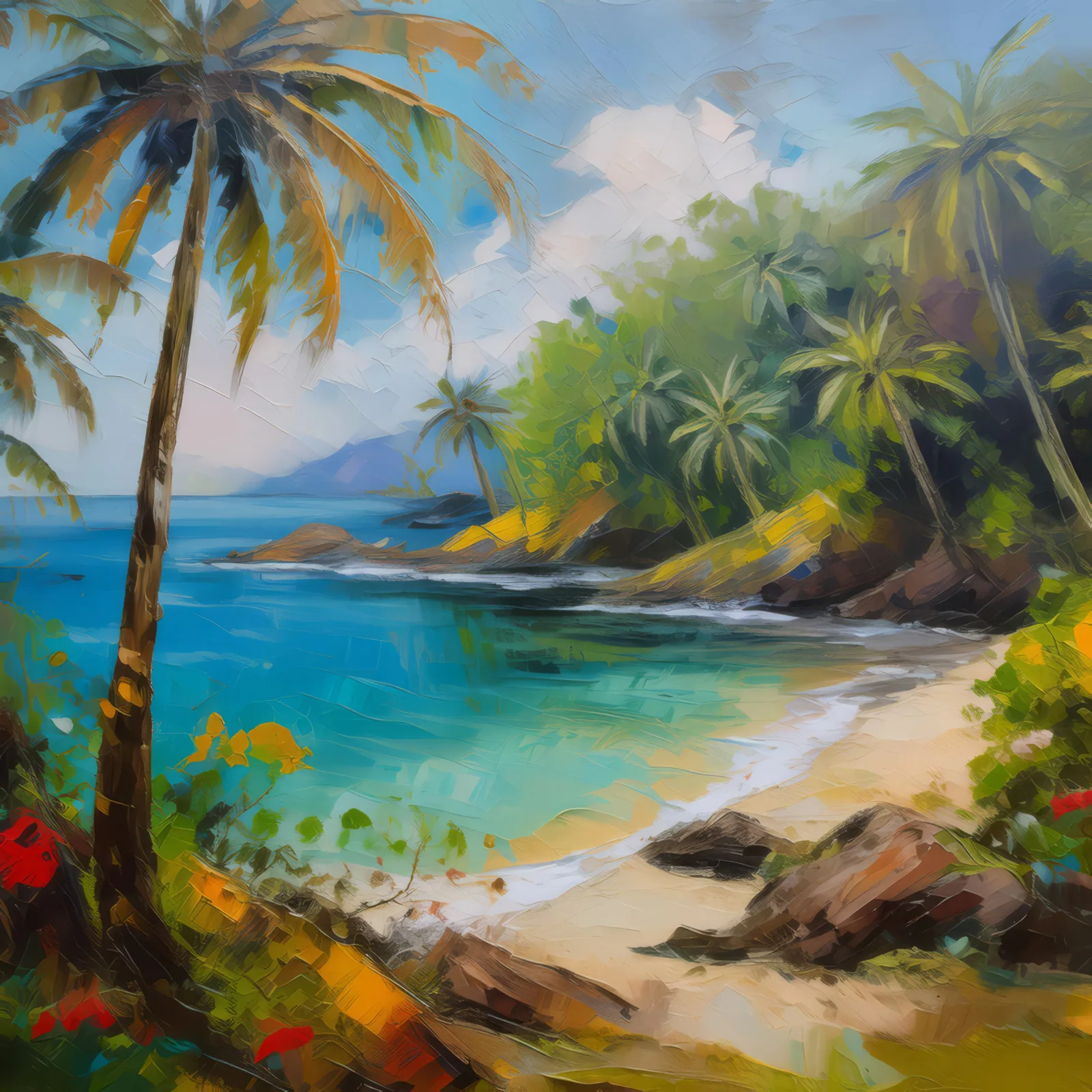 Hidden Tropical Cove, a palette-knife oil landscape by Emma Mickelberg