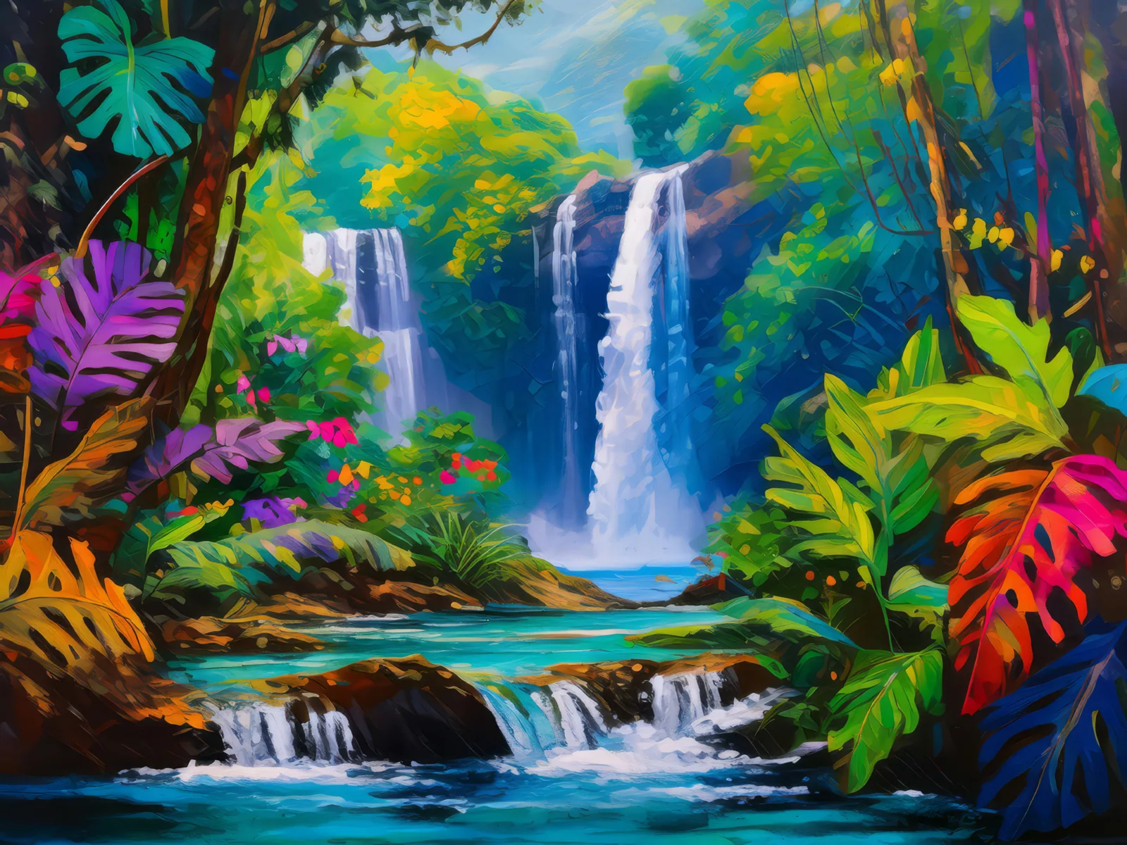 Hidden Waterfall in Mountain, a palette-knife oil landscape by Emma Mickelberg