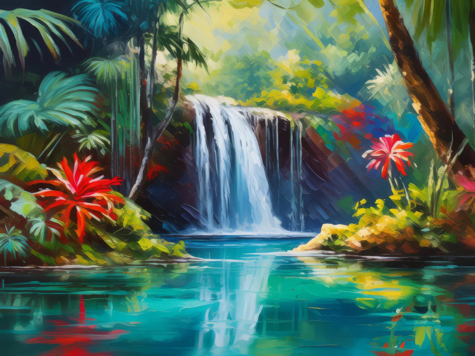 Hidden Waterfall in Tropical Forest, a palette-knife oil landscape by Emma Mickelberg