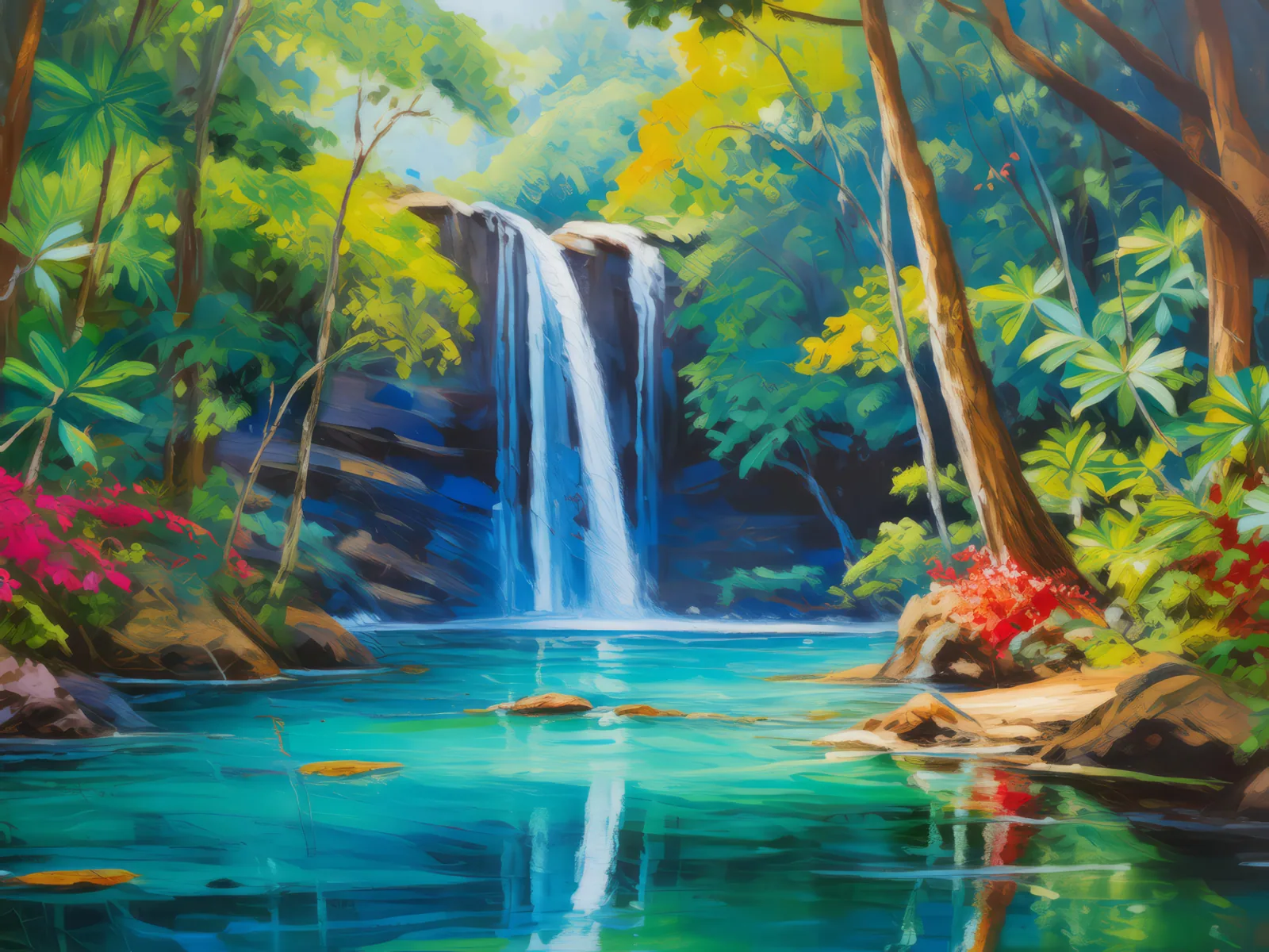 Hidden Waterfall Retreat, a palette-knife oil landscape by Emma Mickelberg