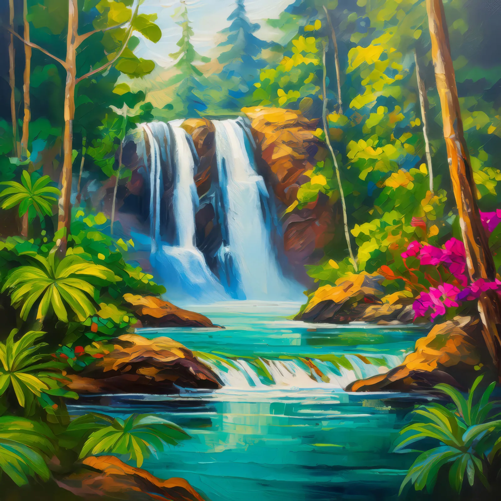 Hidden Waterfalls in the Jungle, a palette-knife oil landscape by Emma Mickelberg