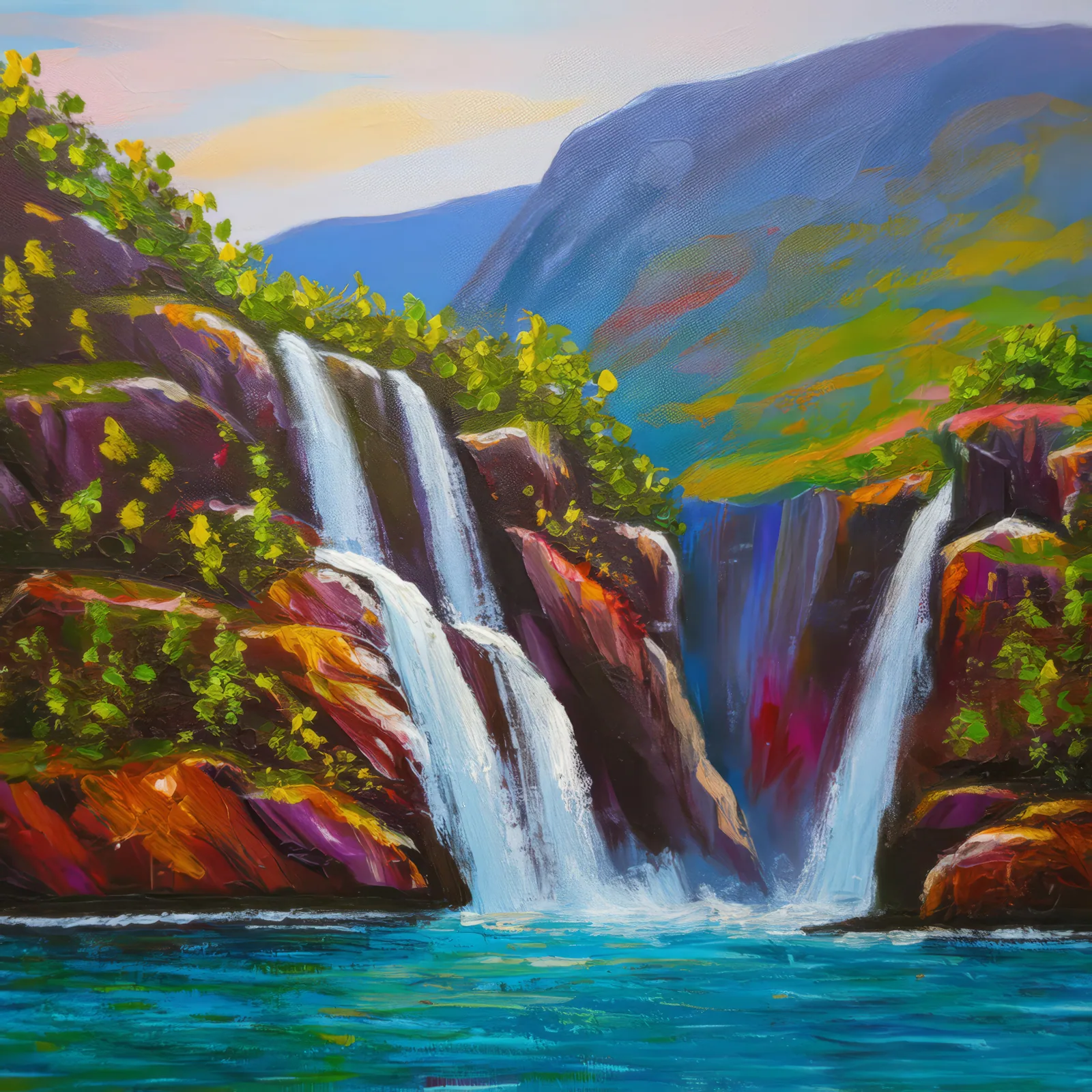 Hidden Waterfalls of the Fjord, a palette-knife oil landscape by Emma Mickelberg