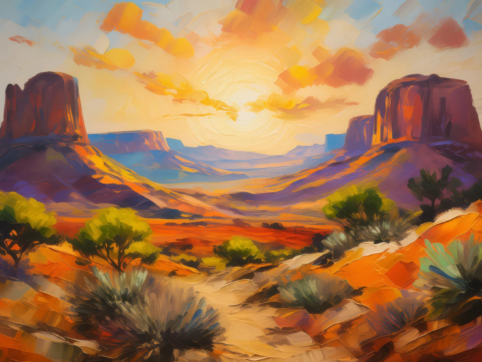High Desert Sunrise, a palette-knife oil landscape by Emma Mickelberg