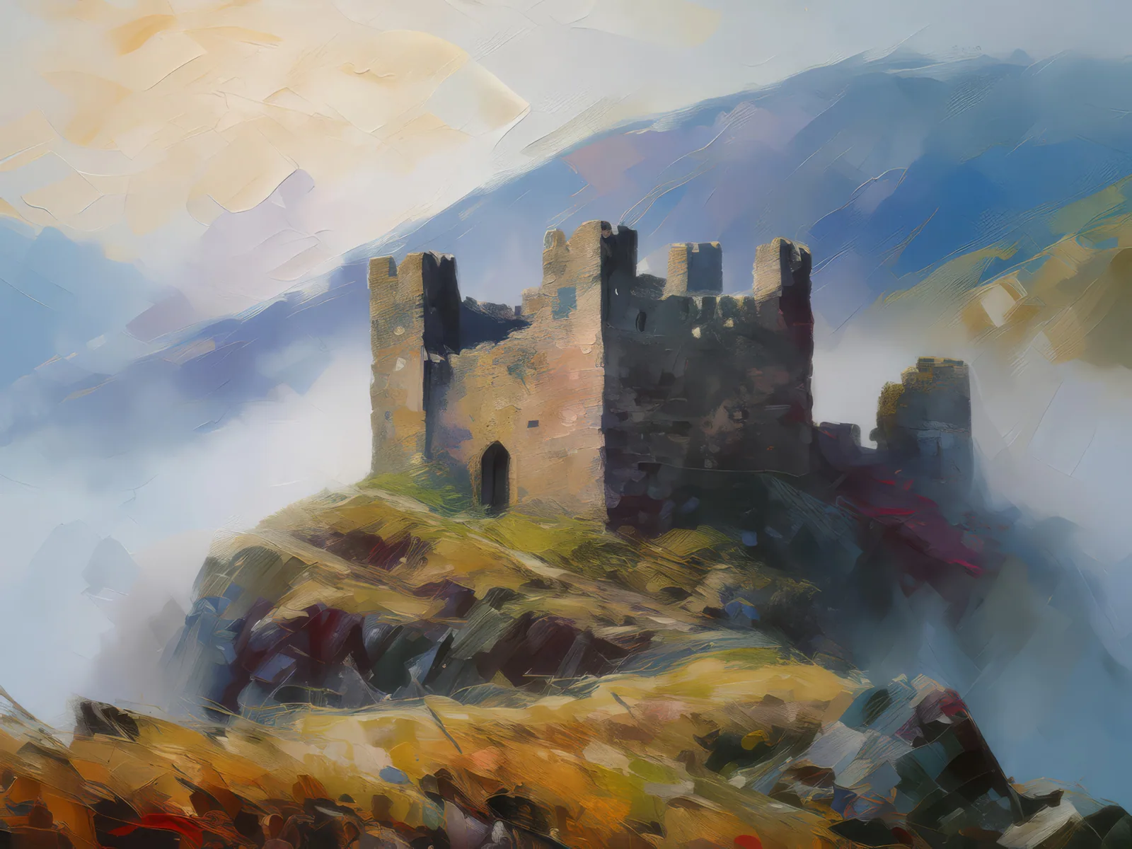 Highland Castle Ruins, a palette-knife oil landscape by Emma Mickelberg