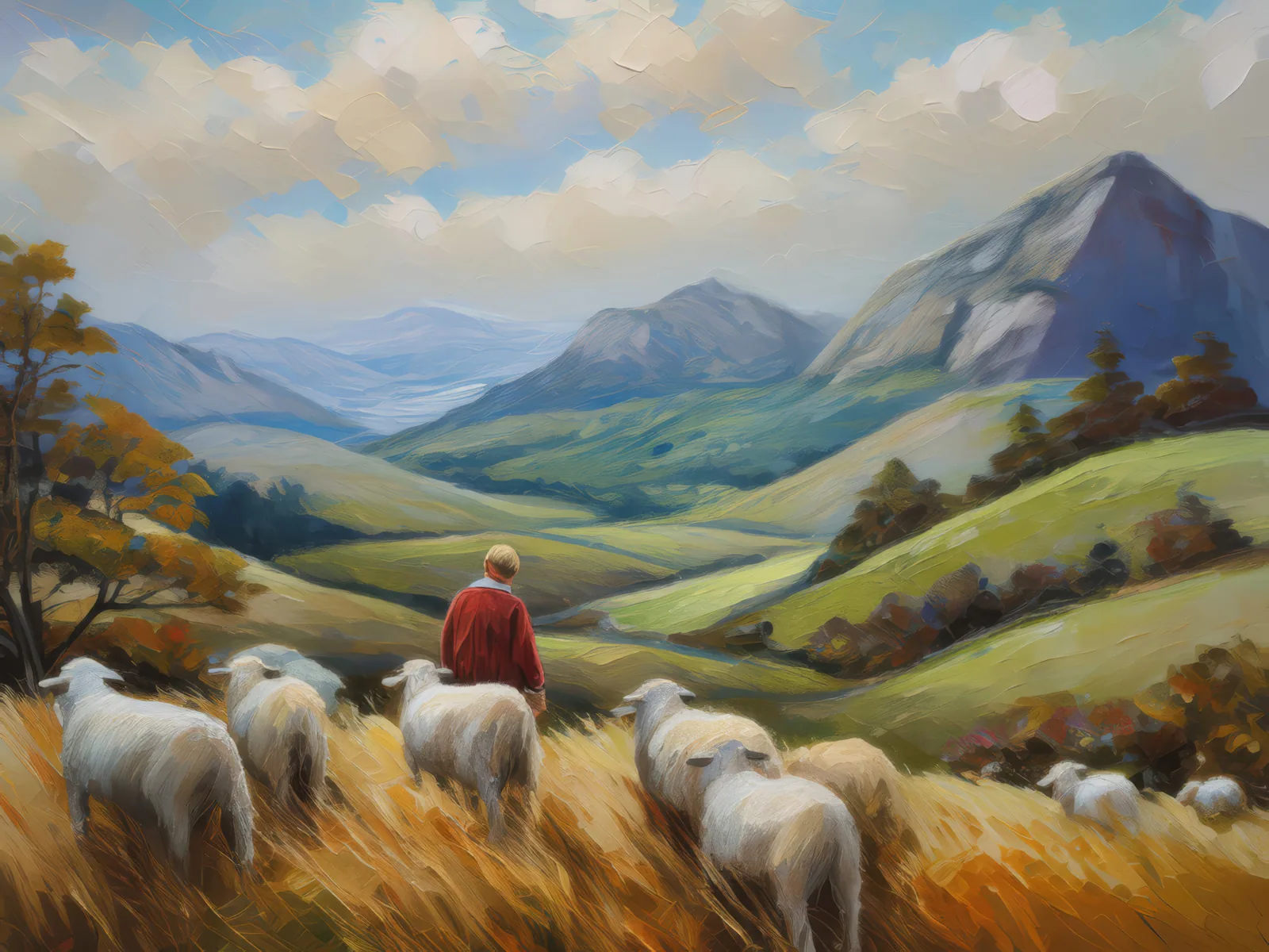 Highland Sheep Herding, a palette-knife oil landscape by Emma Mickelberg