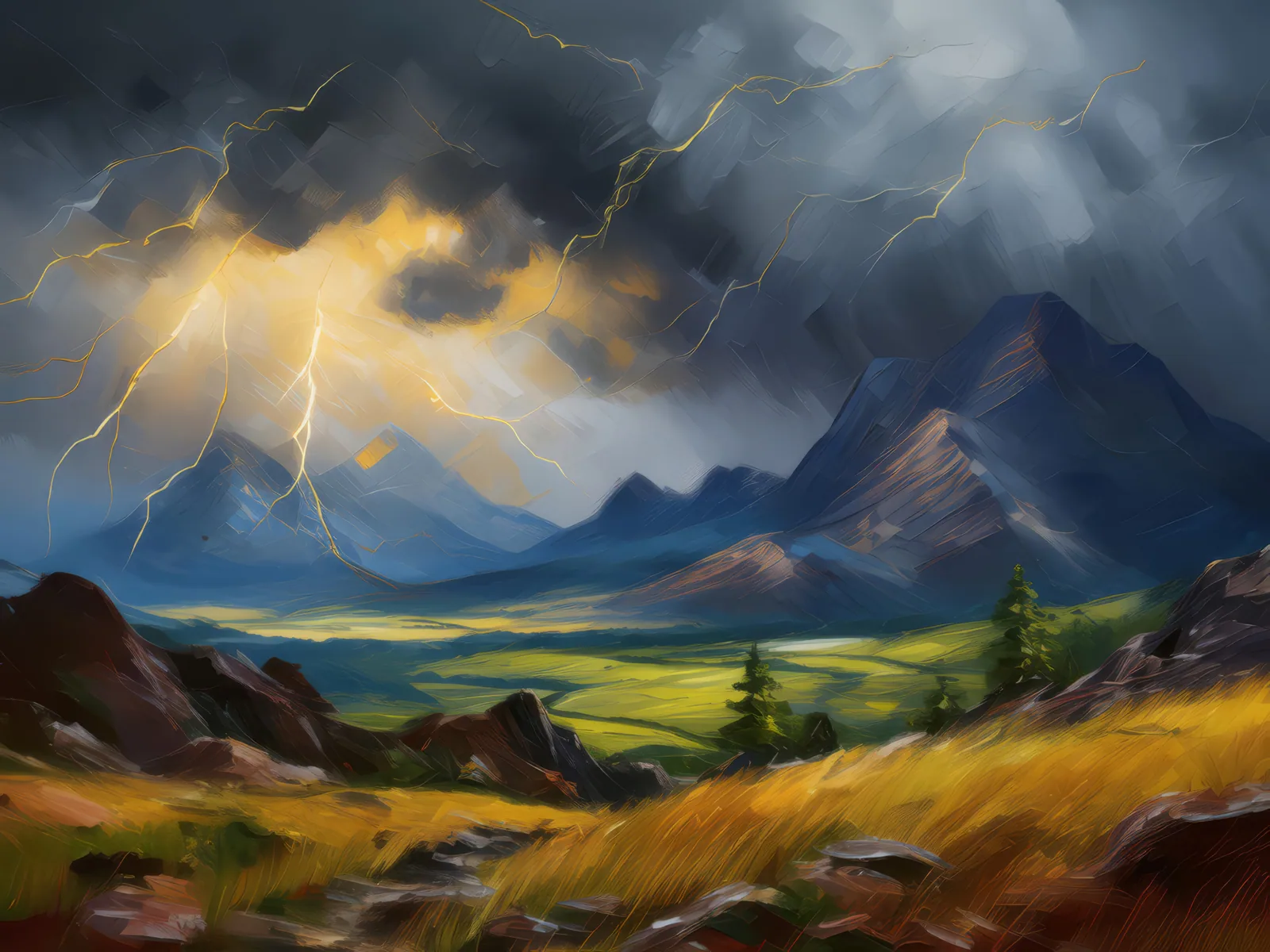 Highland Storm Gathering, a palette-knife oil landscape by Emma Mickelberg