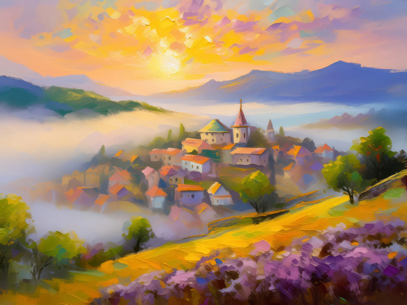 Hill Overlooking Foggy Town, a palette-knife oil landscape by Emma Mickelberg