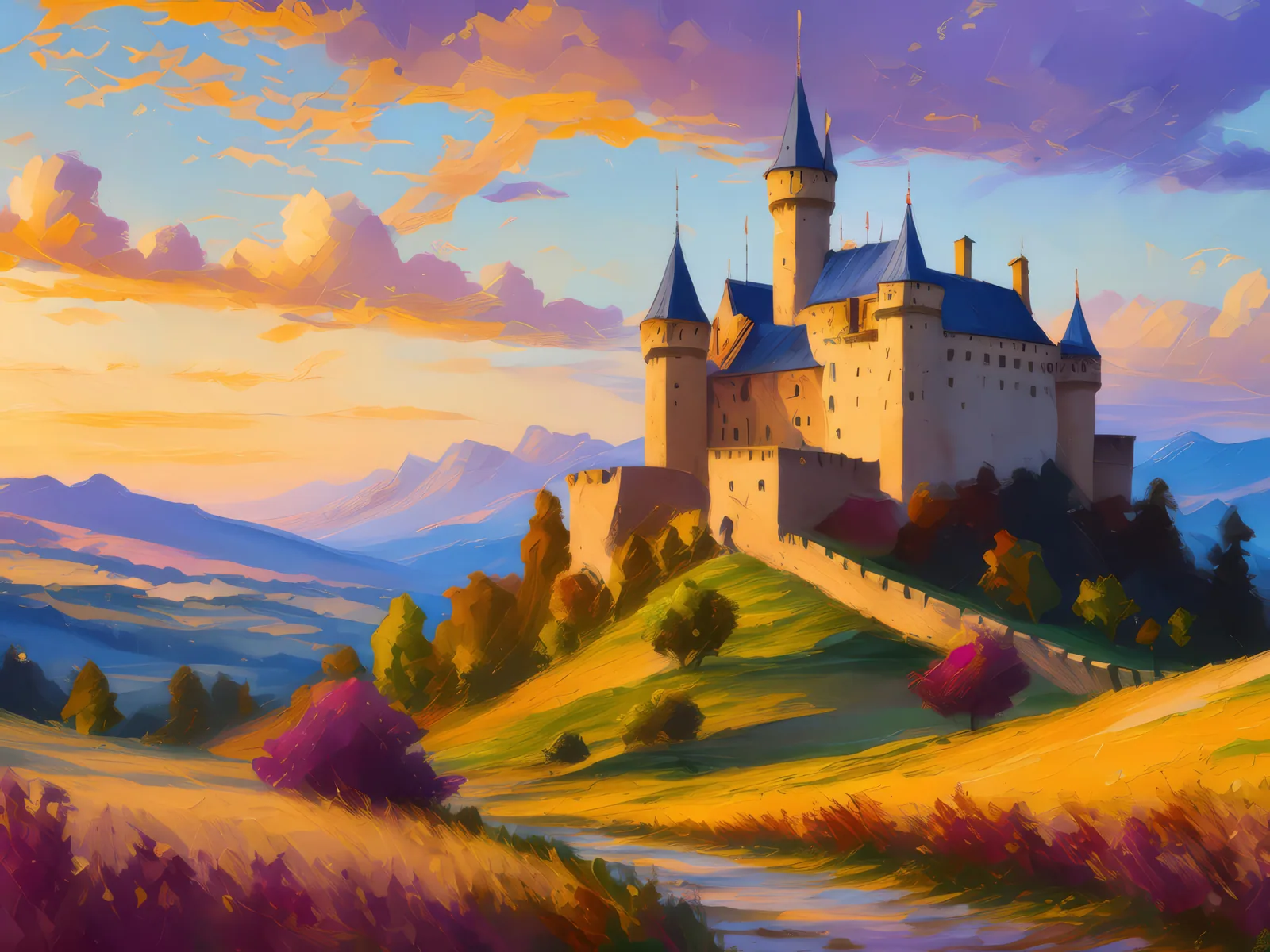 Historic Castle at Dusk, a palette-knife oil landscape by Emma Mickelberg