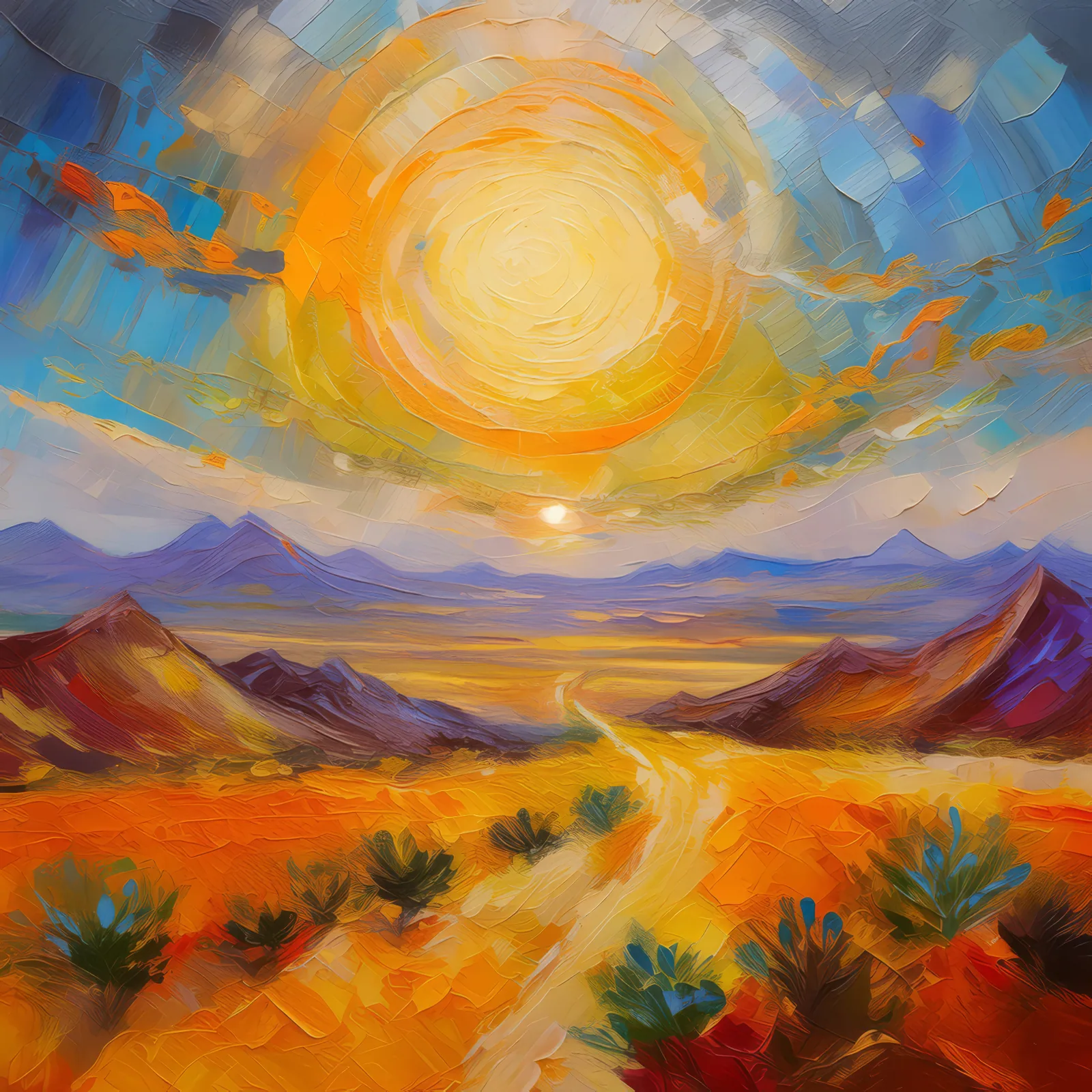Hot Desert Mirage, a palette-knife oil landscape by Emma Mickelberg