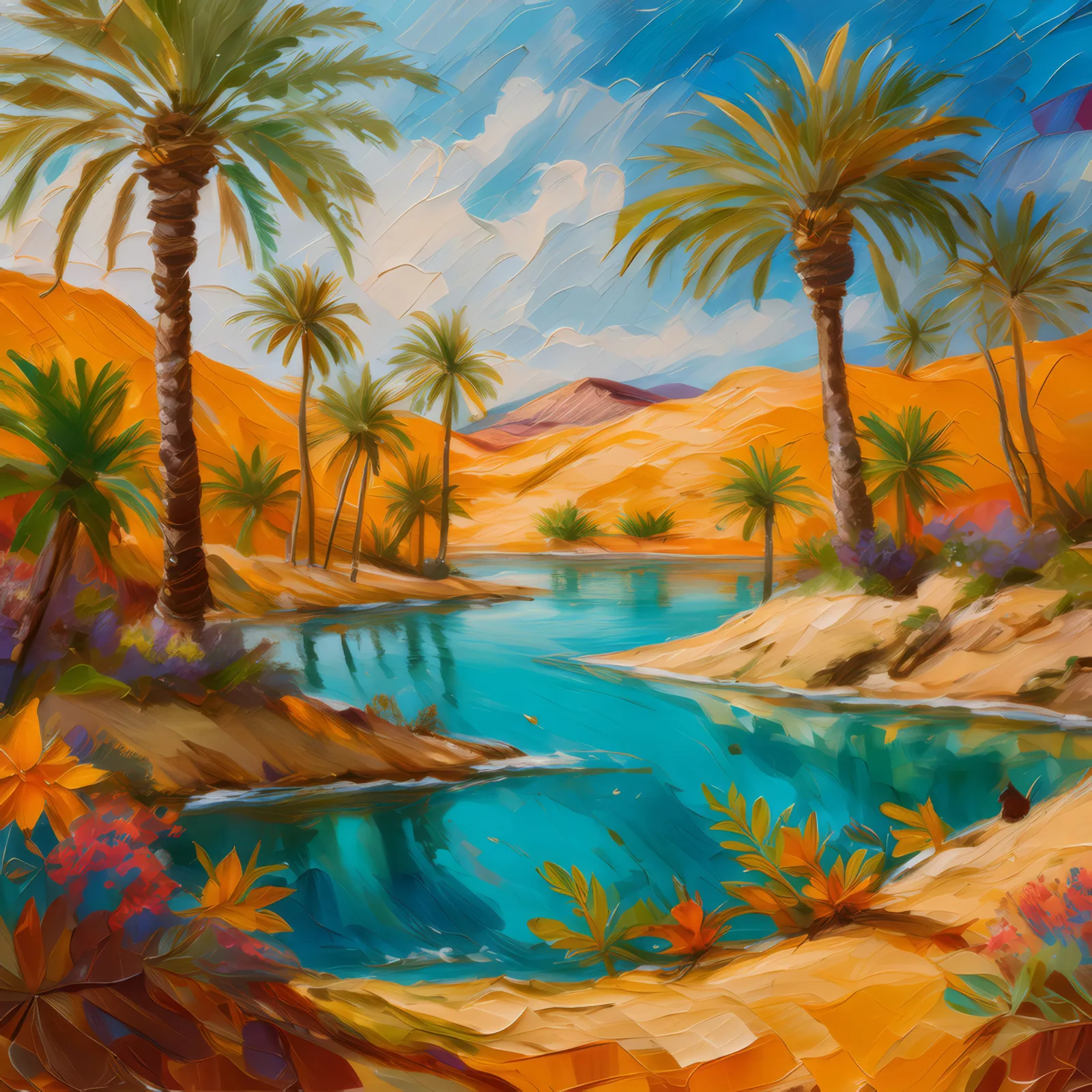 Hot Desert Oasis, a palette-knife oil landscape by Emma Mickelberg