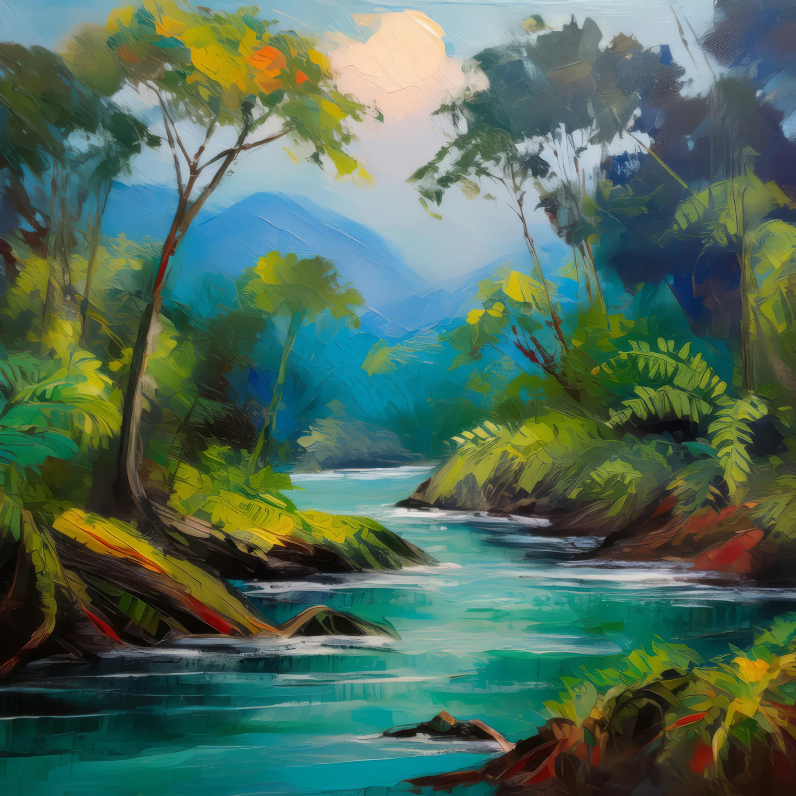Humid Jungle River, a palette-knife oil landscape by Emma Mickelberg