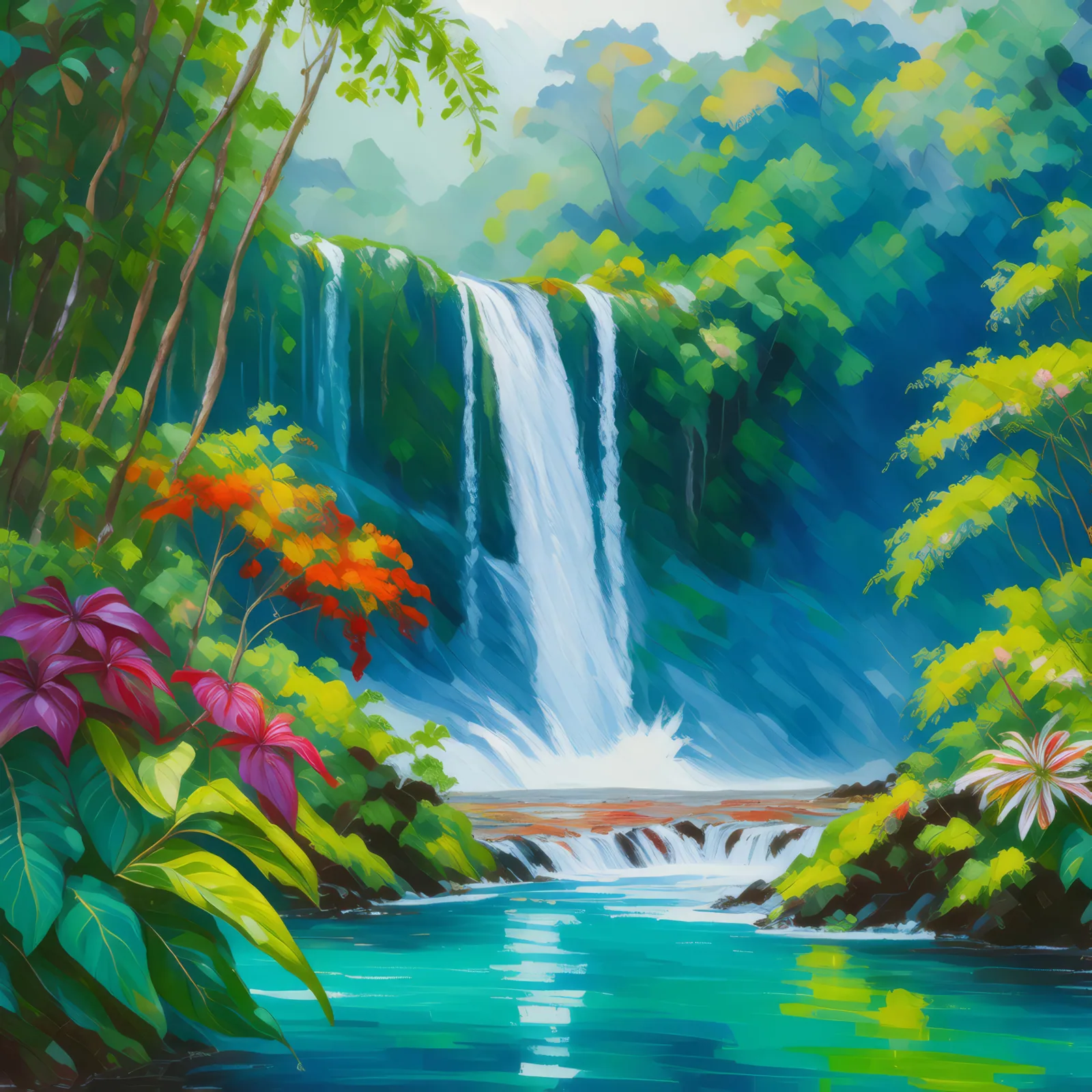 Humid Jungle Waterfall, a palette-knife oil landscape by Emma Mickelberg