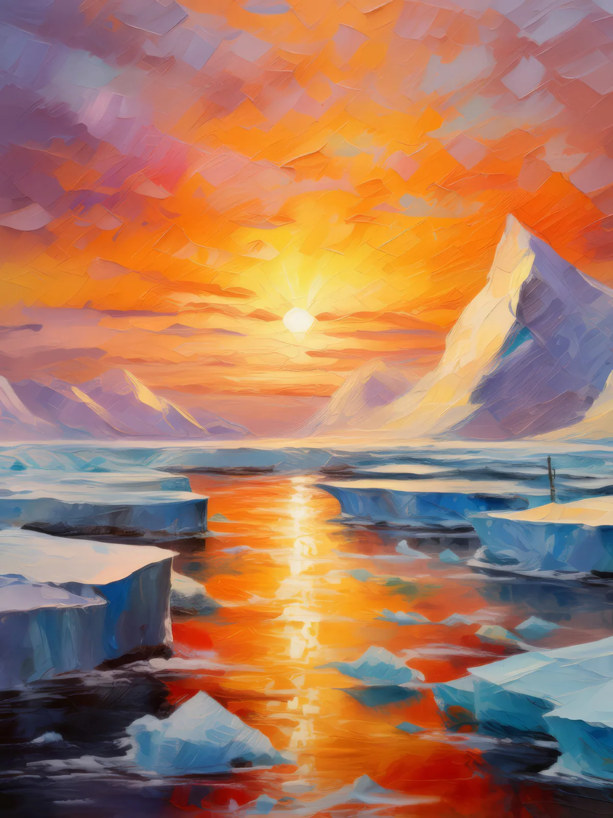 Ice Cap Sunrise, a palette-knife oil landscape by Emma Mickelberg