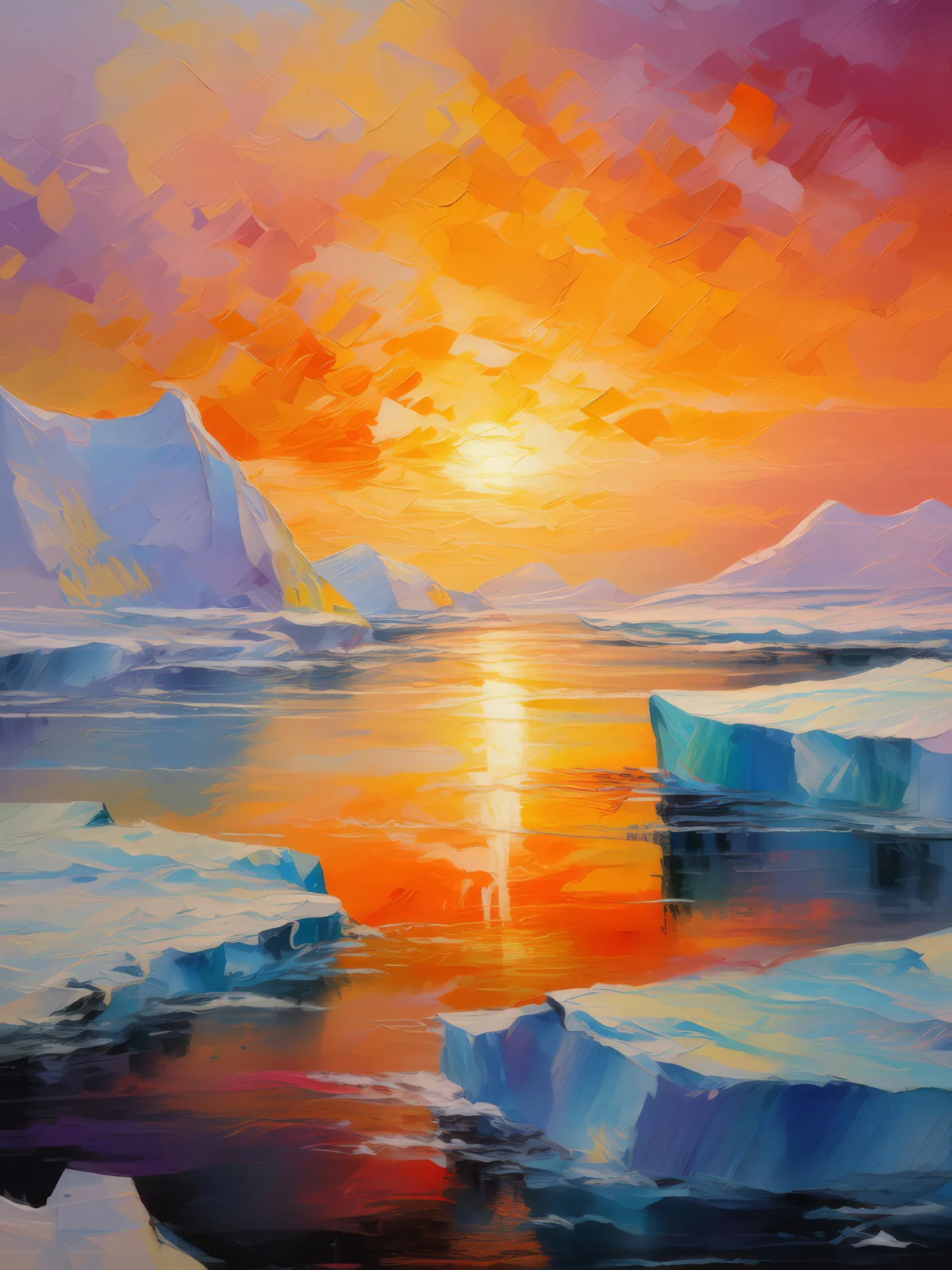 Ice Cap Sunset, a palette-knife oil landscape by Emma Mickelberg