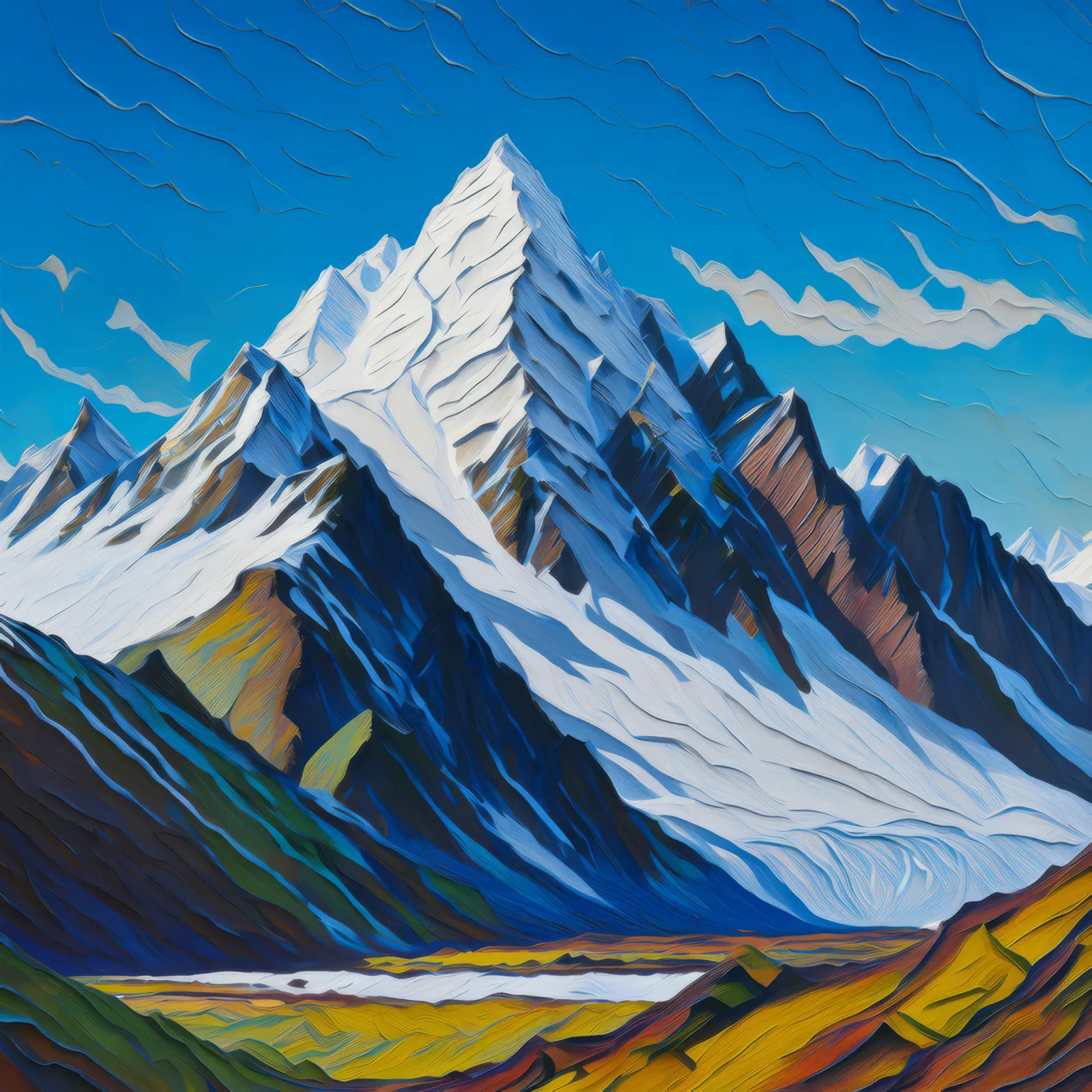 Ice-Capped Mountain Range, a palette-knife oil landscape by Emma Mickelberg