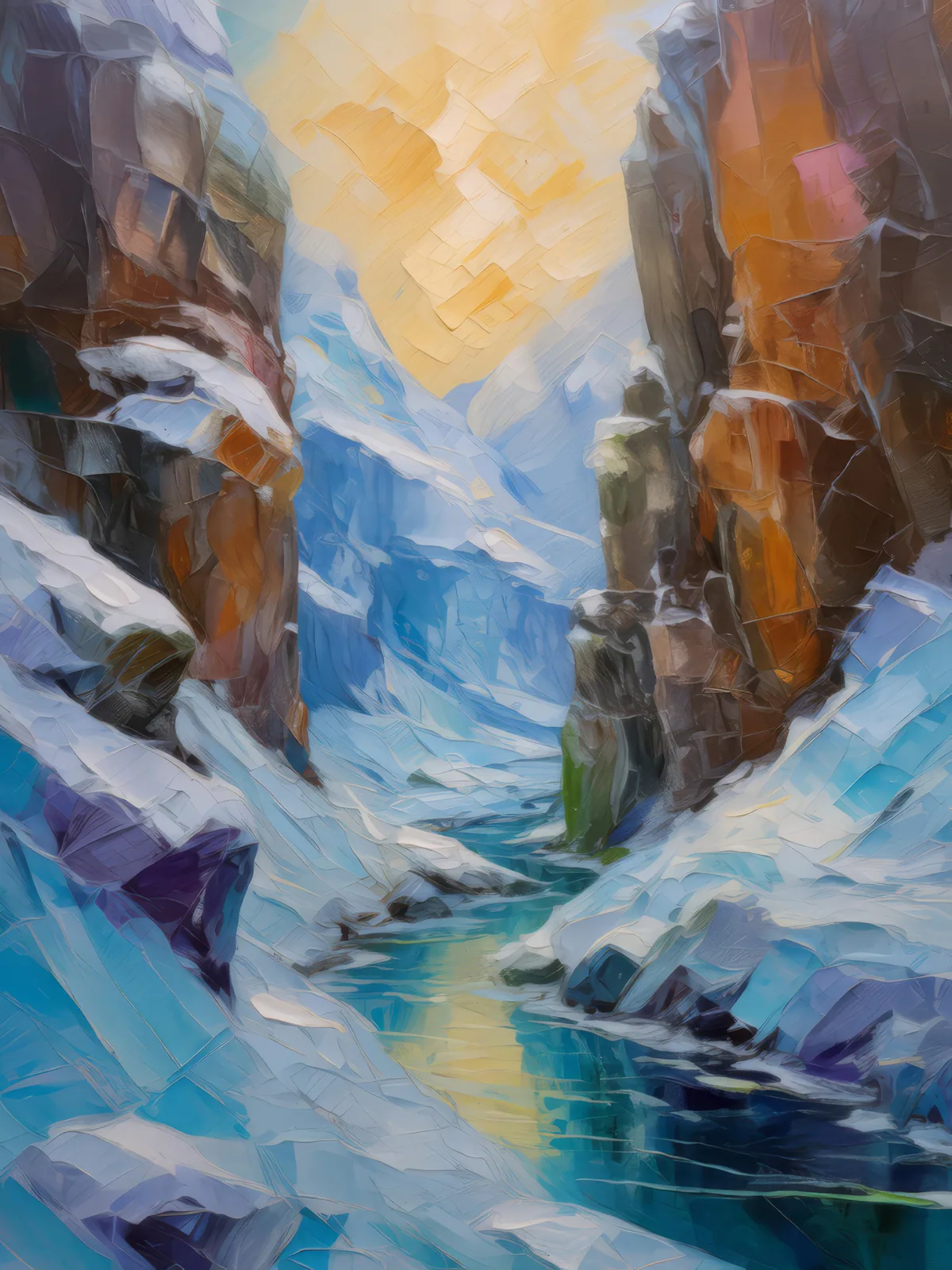 Ice-Covered Canyon, a palette-knife oil landscape by Emma Mickelberg