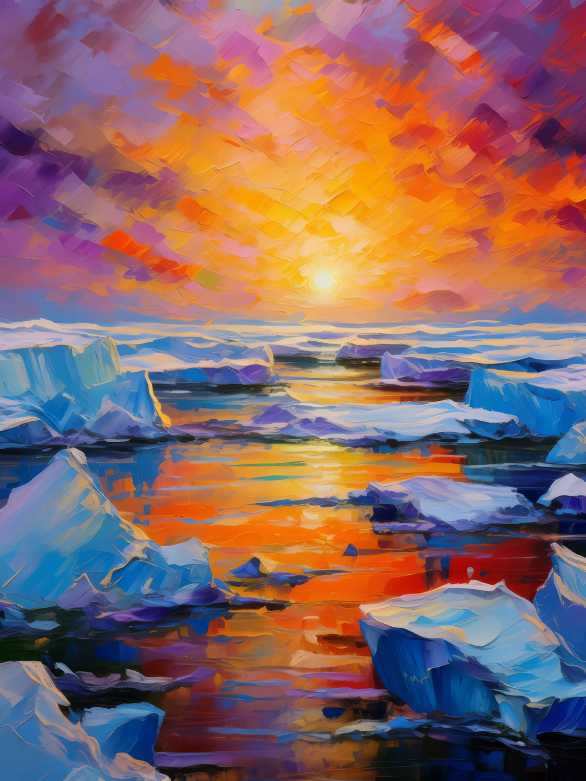 Ice Field Sunset, a palette-knife oil landscape by Emma Mickelberg