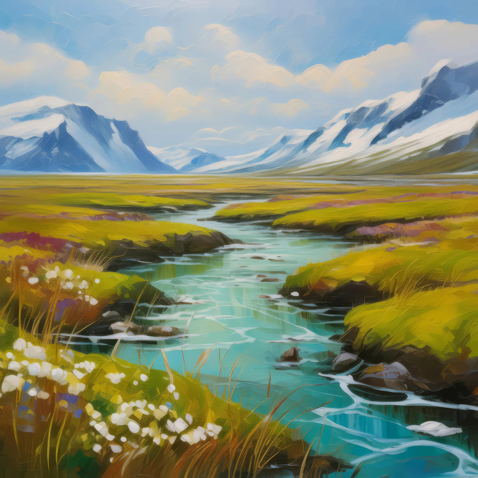 Ice Melt in Grassland, a palette-knife oil landscape by Emma Mickelberg