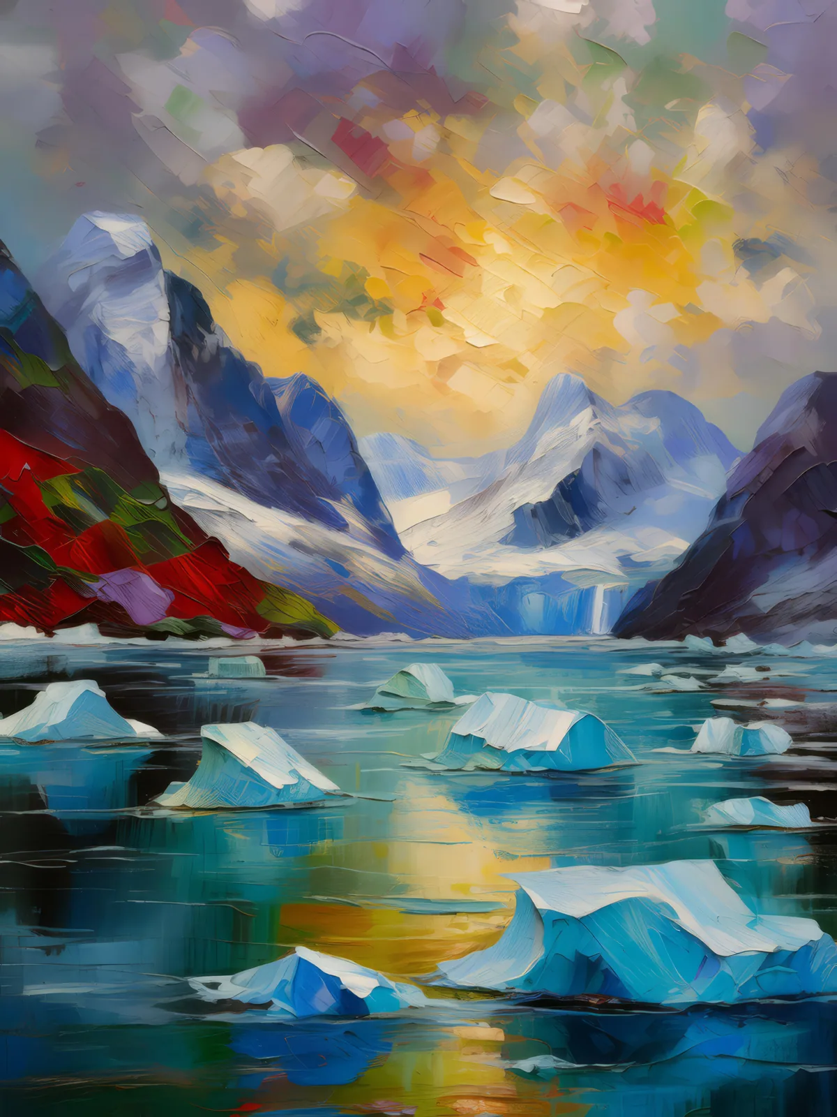 Iceberg-Filled Fjord, a palette-knife oil landscape by Emma Mickelberg
