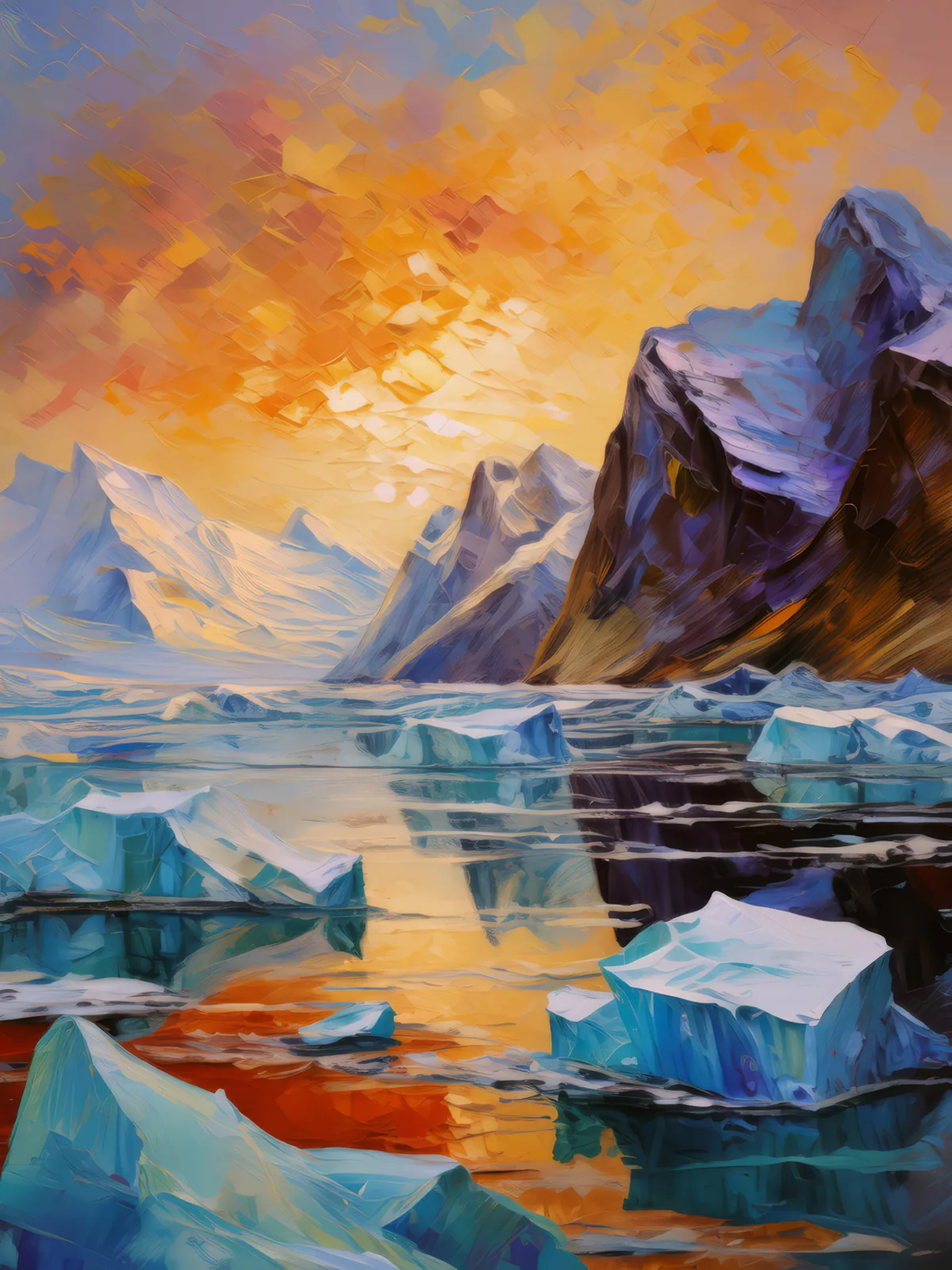 Icebergs Near Arctic Shoreline, a palette-knife oil landscape by Emma Mickelberg