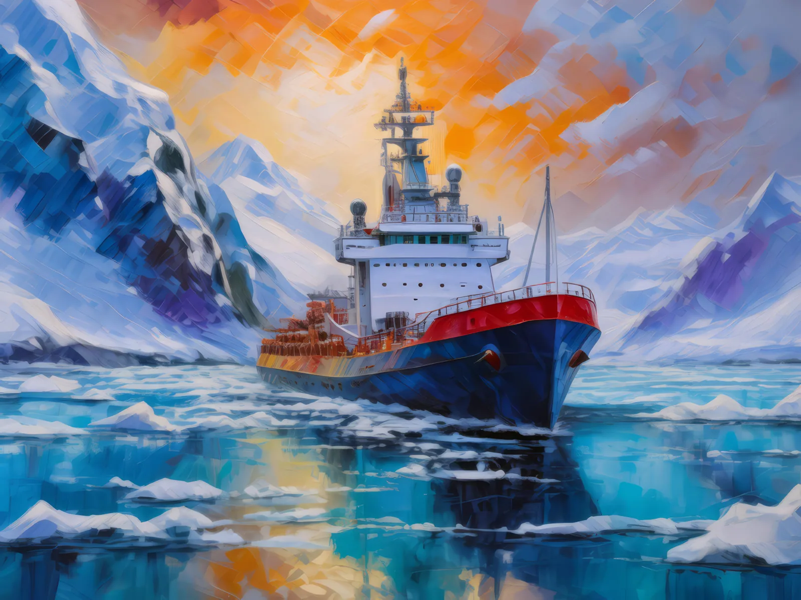 Icebreaker Ship Journey, a palette-knife oil landscape by Emma Mickelberg