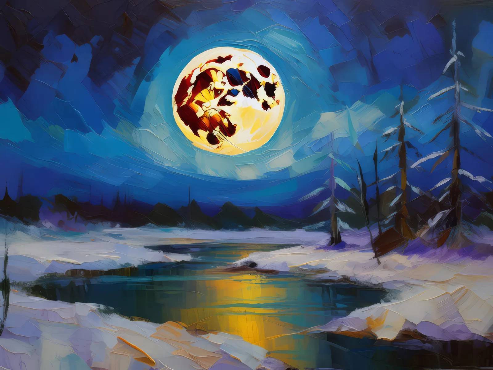 Icy Desert Full Moon, a palette-knife oil landscape by Emma Mickelberg