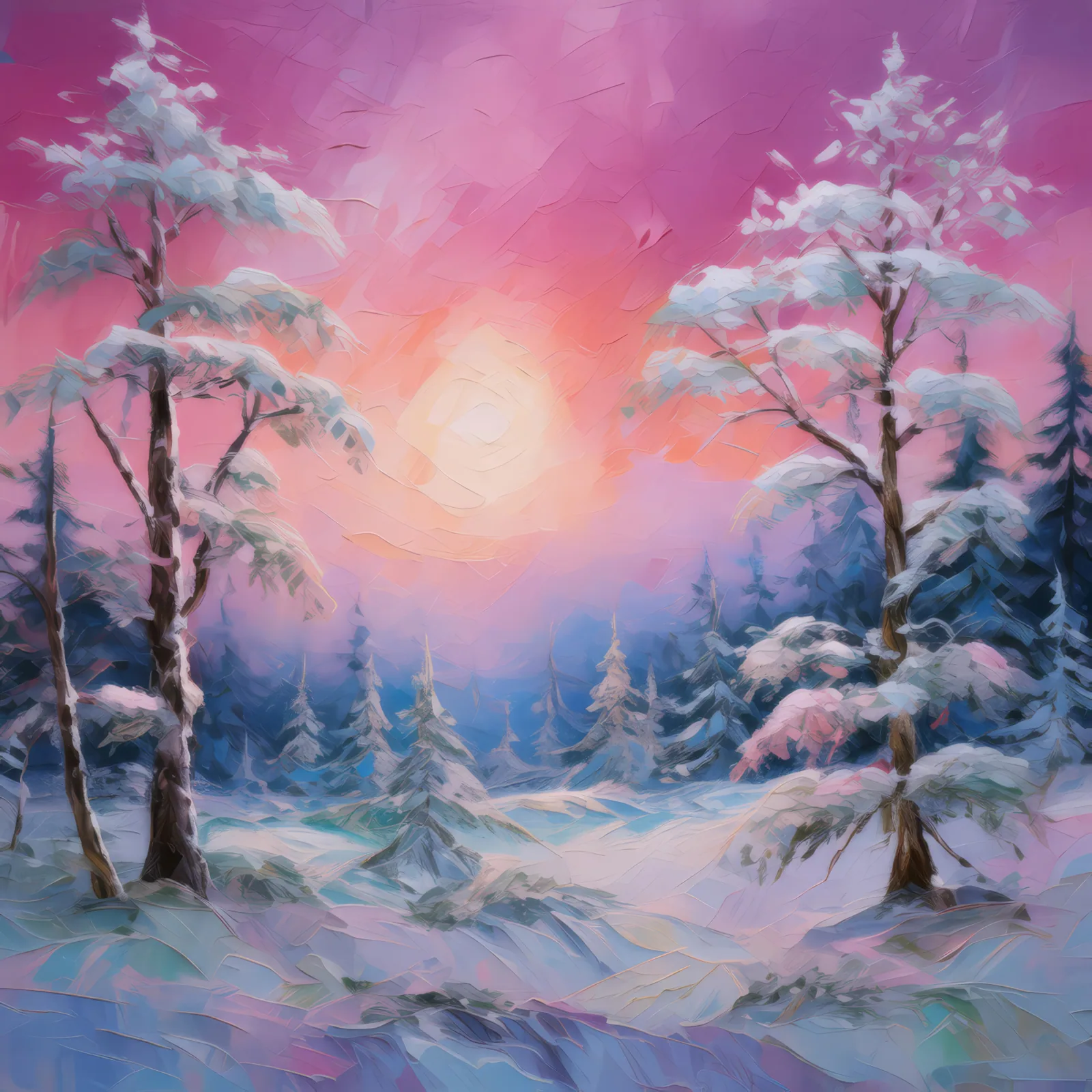 Icy Forest Dawn, a palette-knife oil landscape by Emma Mickelberg