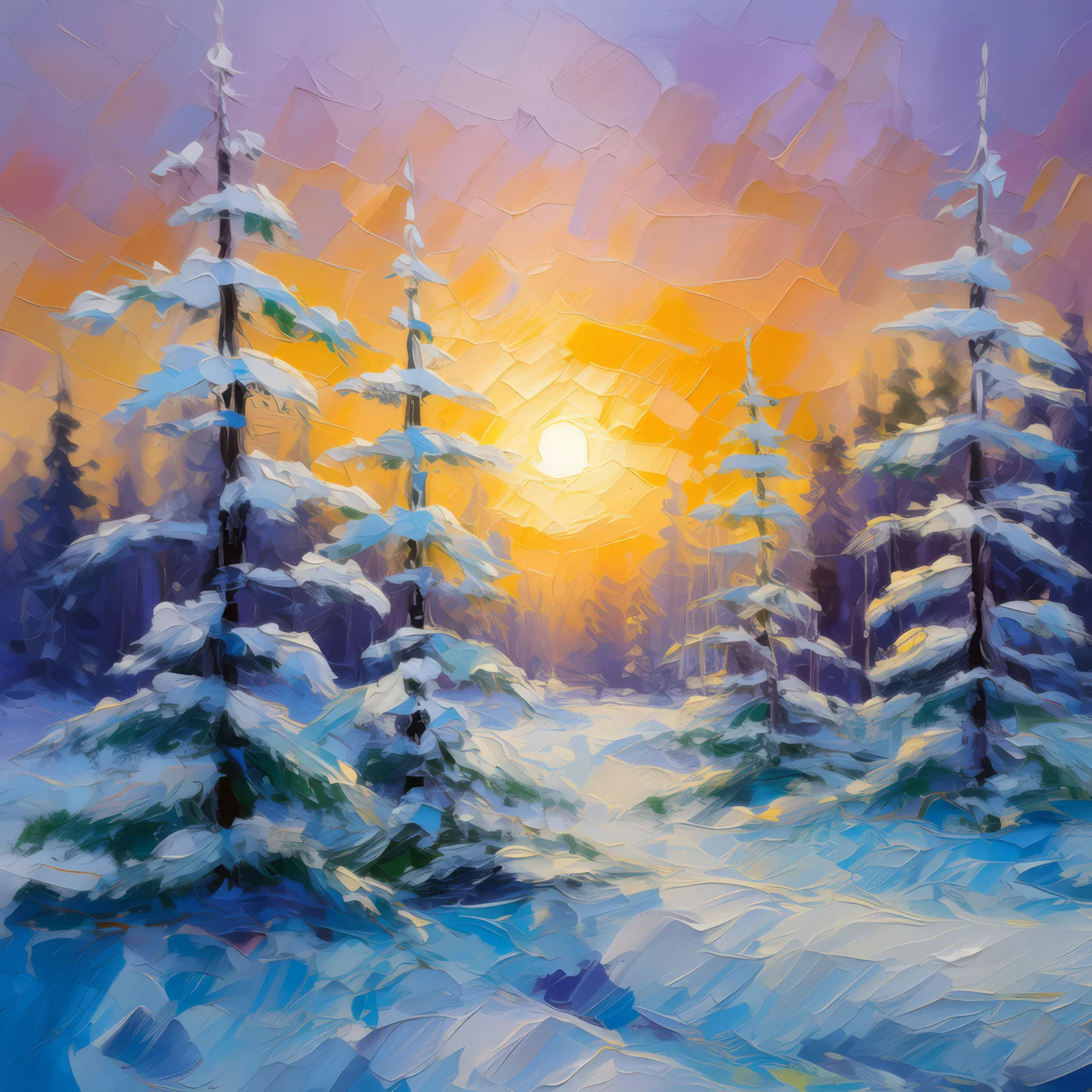 Icy Forest Sunrise, a palette-knife oil landscape by Emma Mickelberg
