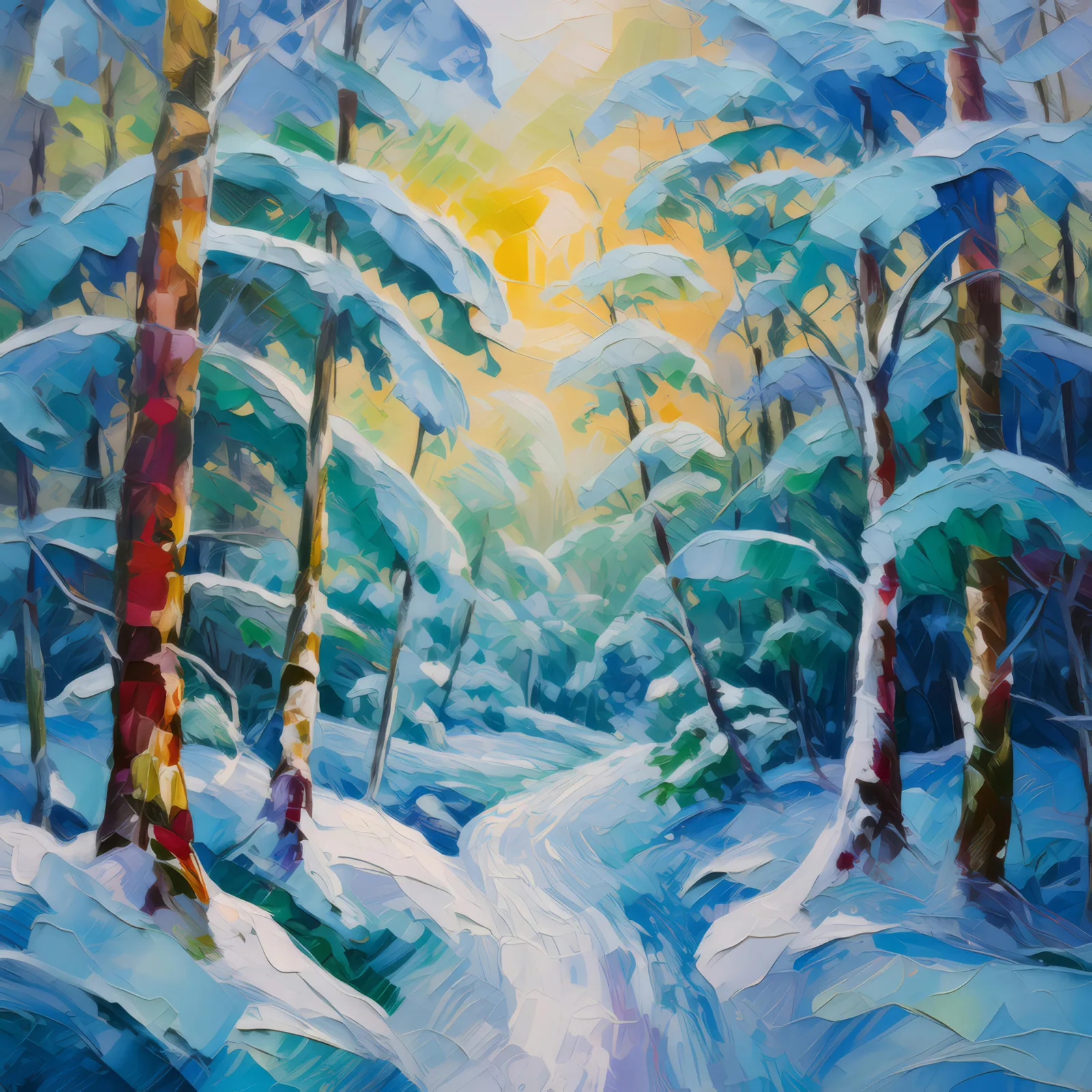 Icy Forest Trail, a palette-knife oil landscape by Emma Mickelberg