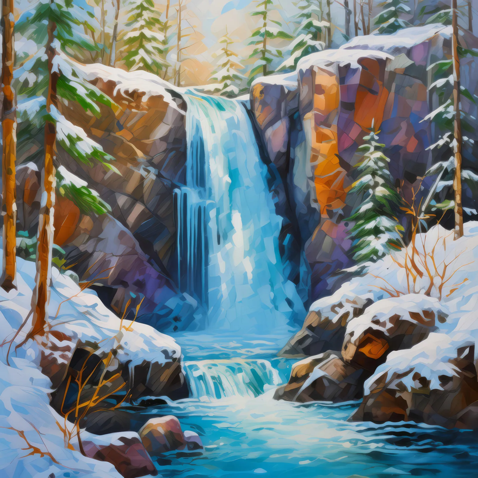 Icy Forest Waterfall, a palette-knife oil landscape by Emma Mickelberg