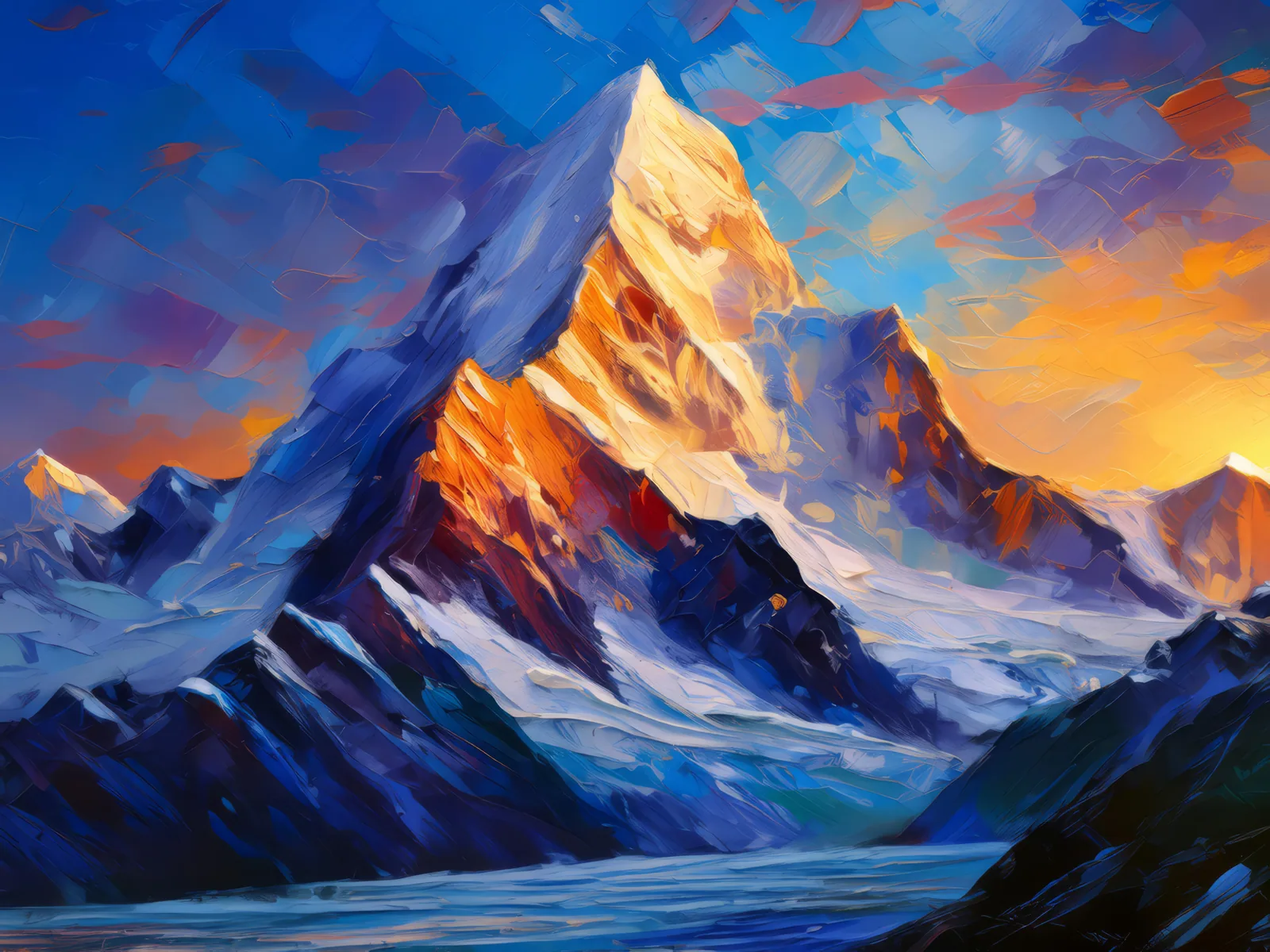 Icy Mountain Peak at Sunrise, a palette-knife oil landscape by Emma Mickelberg