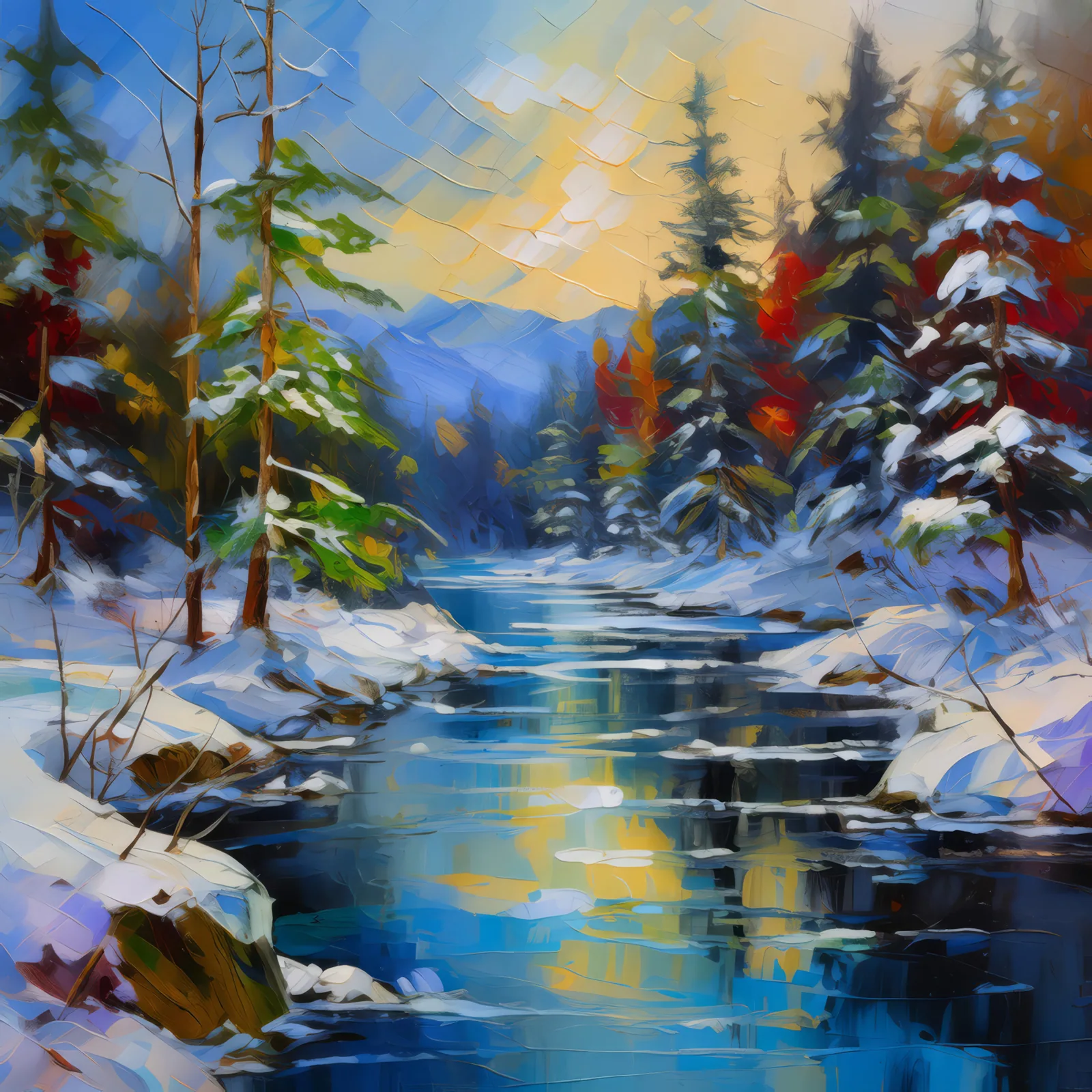 Icy River Crossing, a palette-knife oil landscape by Emma Mickelberg