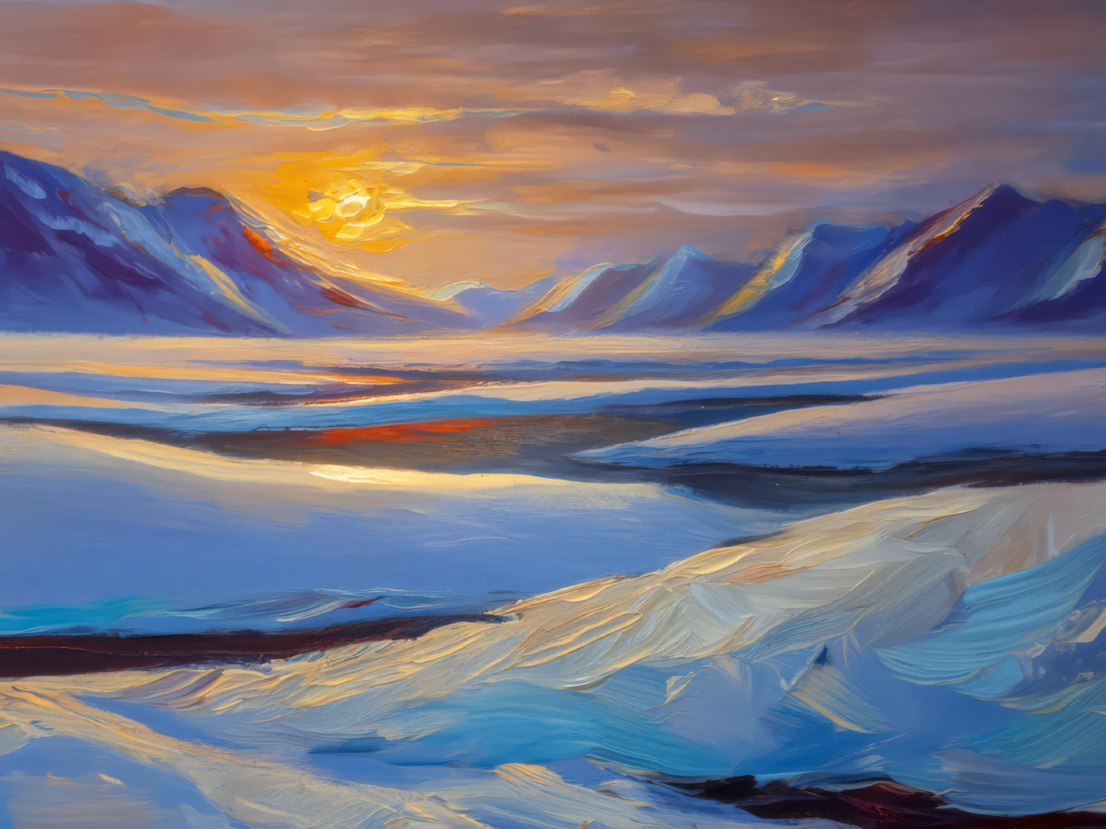 Icy Tundra at Dusk, a palette-knife oil landscape by Emma Mickelberg