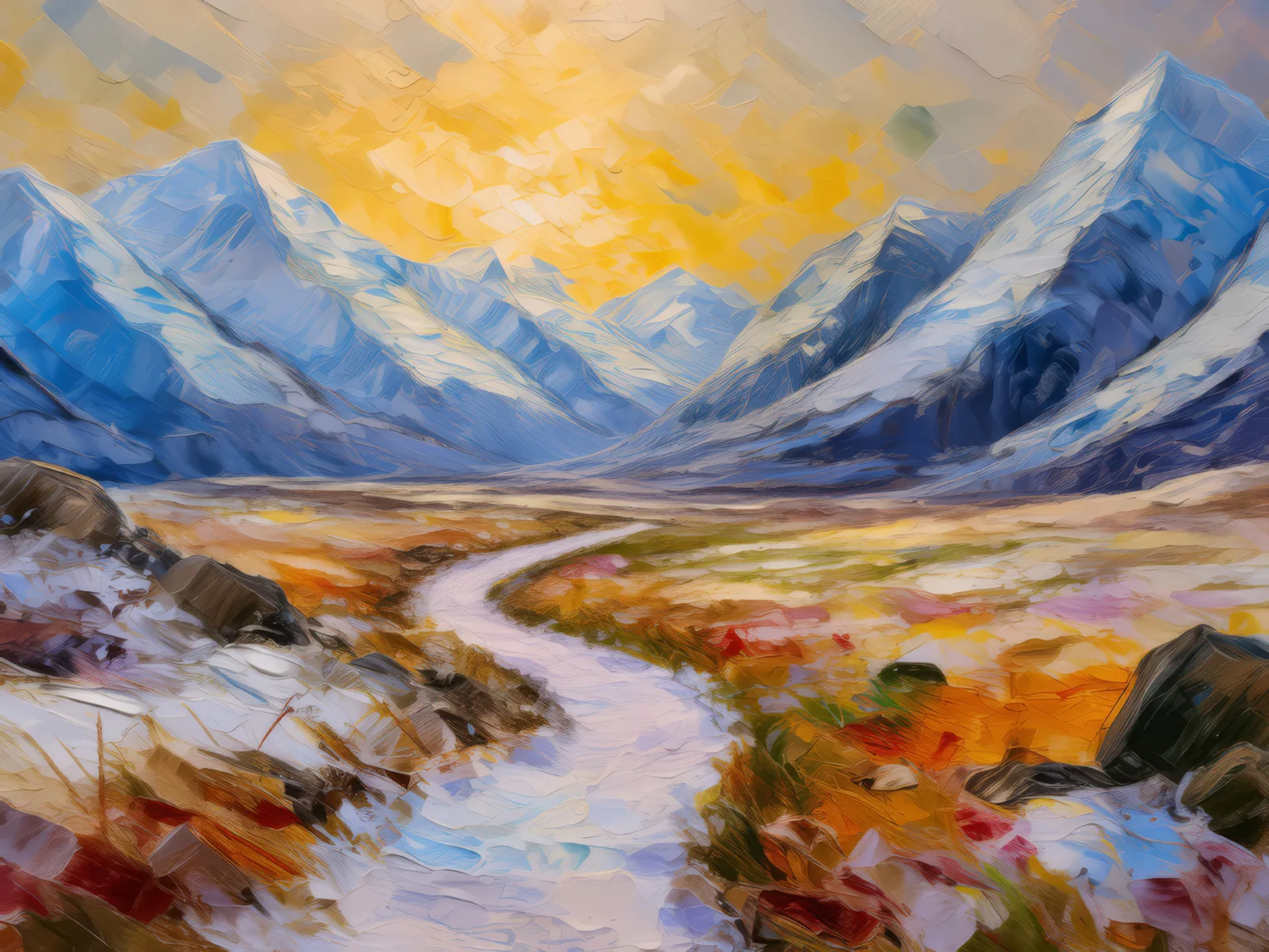Icy Tundra Pathway, a palette-knife oil landscape by Emma Mickelberg