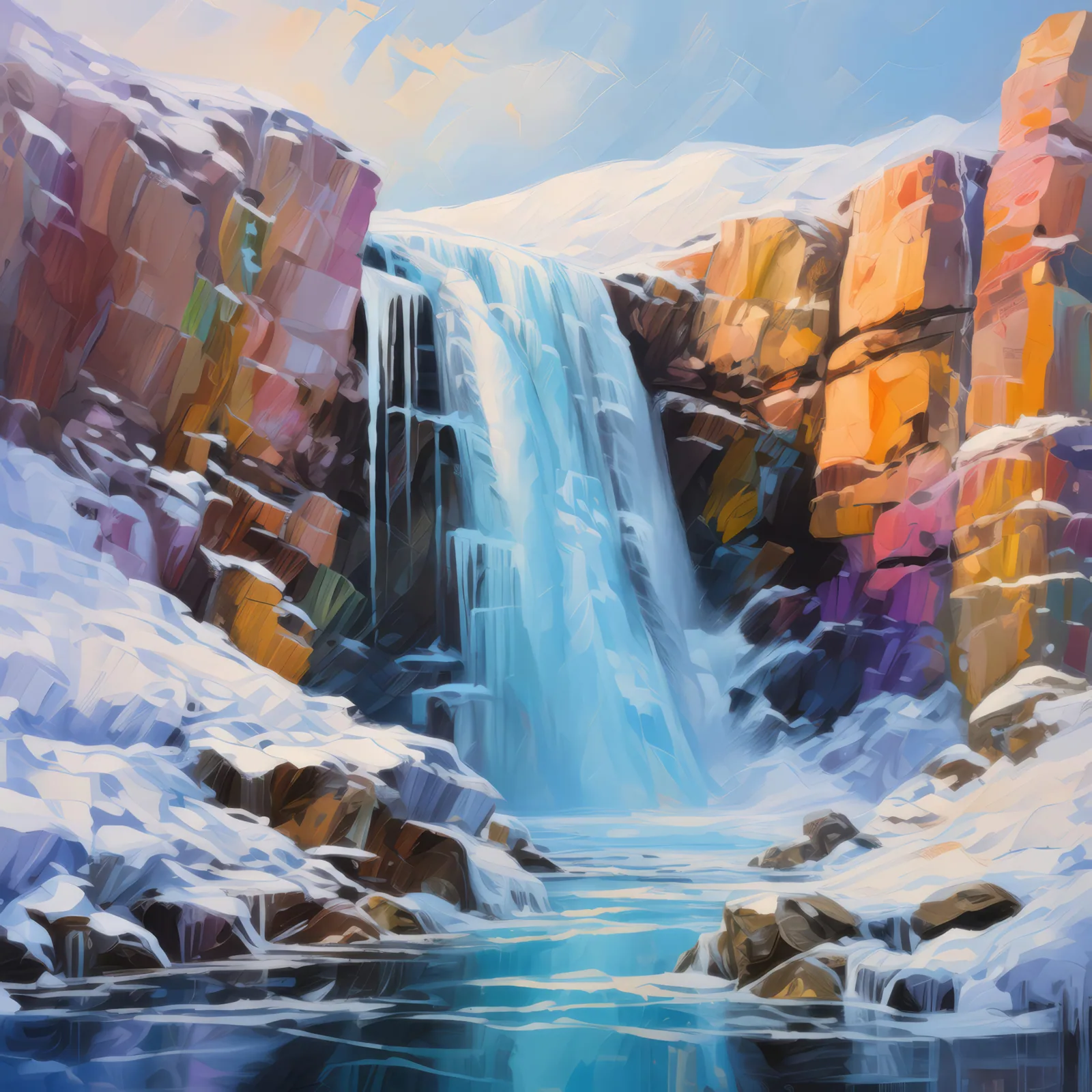 Icy Tundra Waterfall, a palette-knife oil landscape by Emma Mickelberg