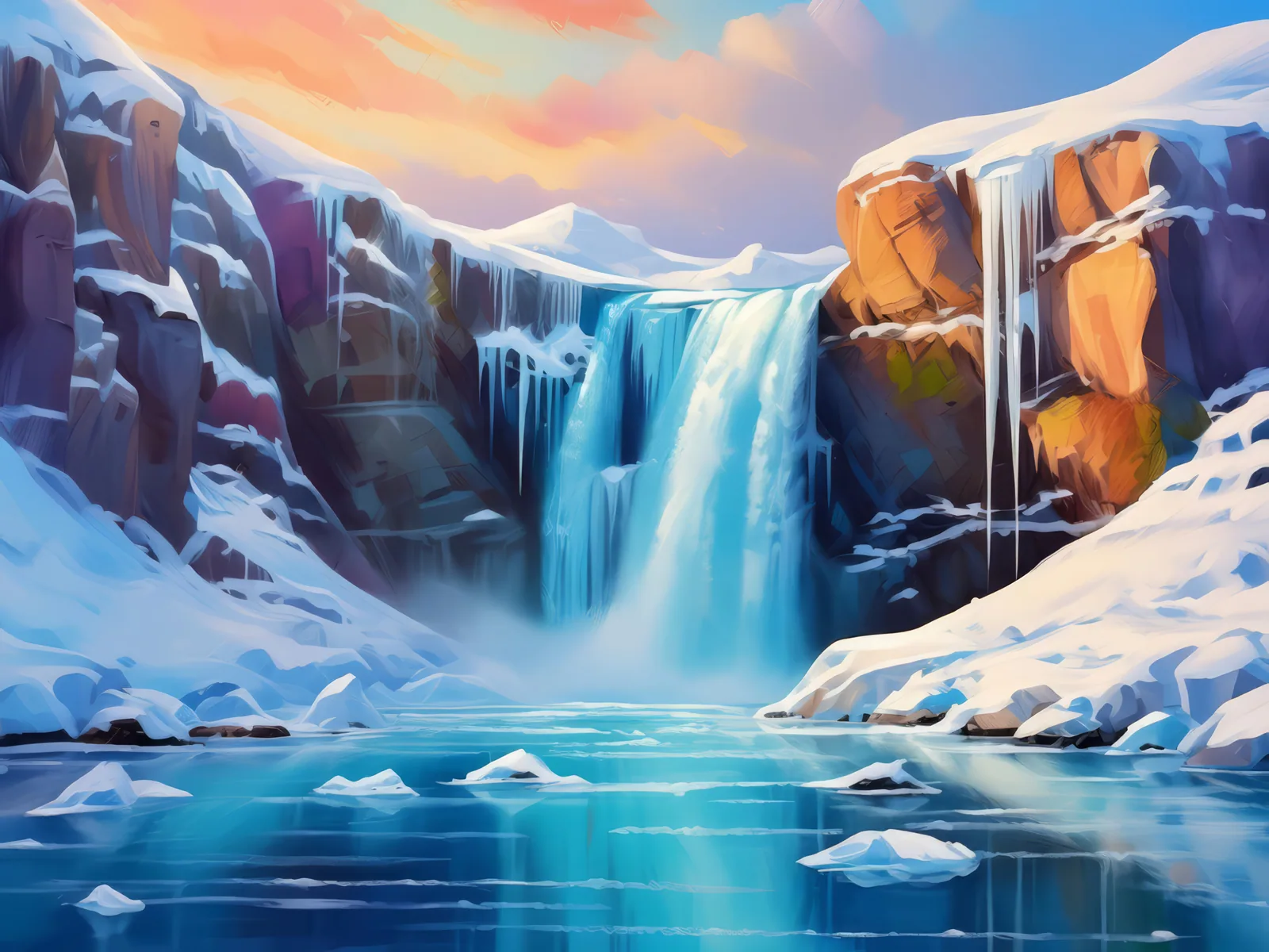 Icy Waterfall, a palette-knife oil landscape by Emma Mickelberg