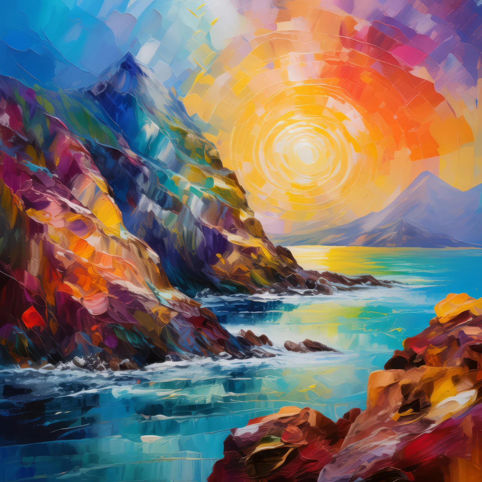 Iridescent Crag Illusion, a palette-knife oil landscape by Emma Mickelberg