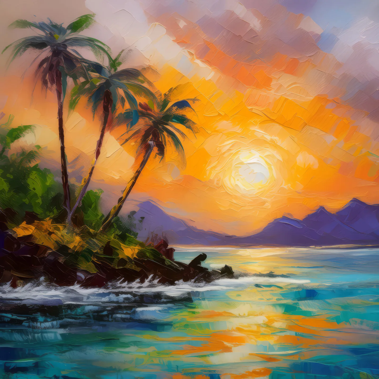 Island Paradise Sunrise, a palette-knife oil landscape by Emma Mickelberg