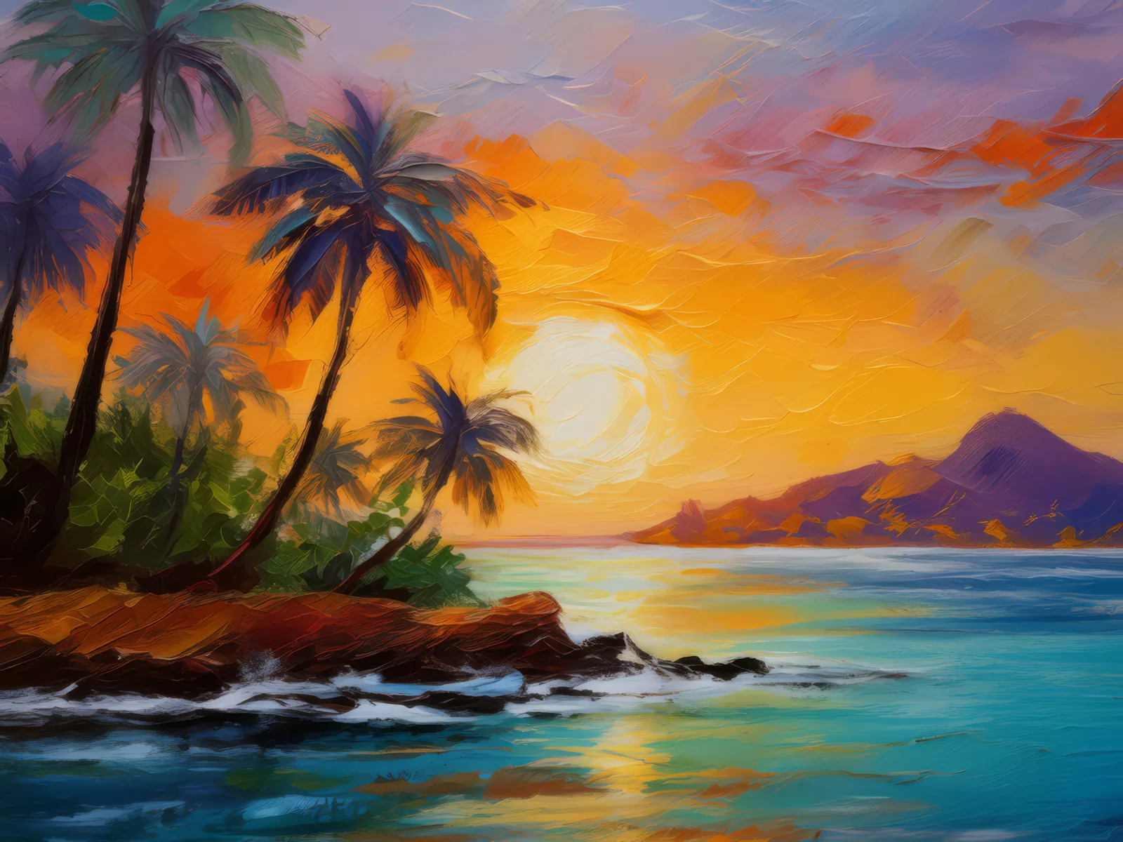 Island Paradise Sunset, a palette-knife oil landscape by Emma Mickelberg