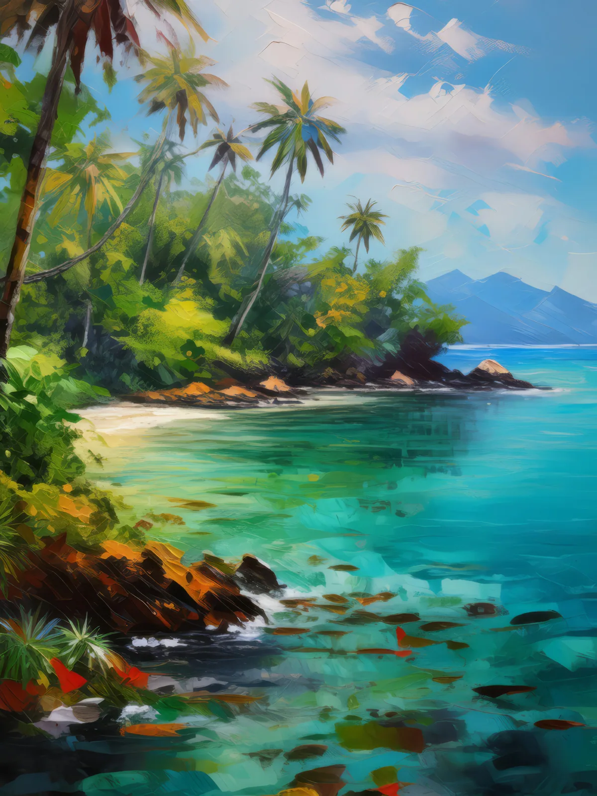 Island Paradise View, a palette-knife oil landscape by Emma Mickelberg