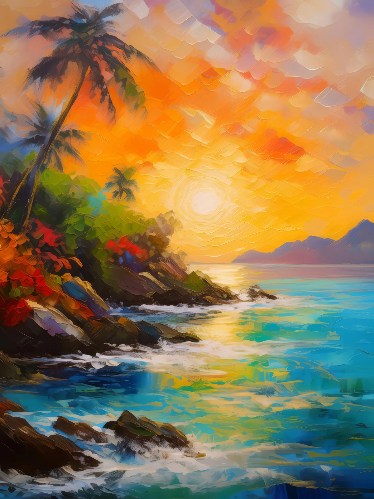 Island Sunrise Glow, a palette-knife oil landscape by Emma Mickelberg