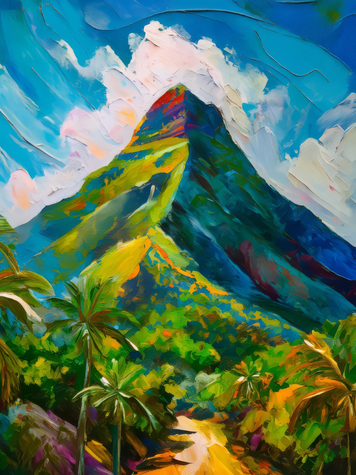 Isolated Tropical Mountain Peak, a palette-knife oil landscape by Emma Mickelberg