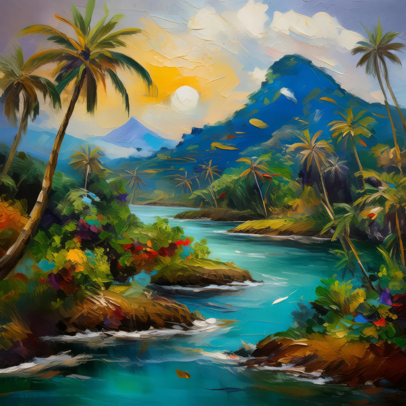 Jungle Adventure Island, a palette-knife oil landscape by Emma Mickelberg
