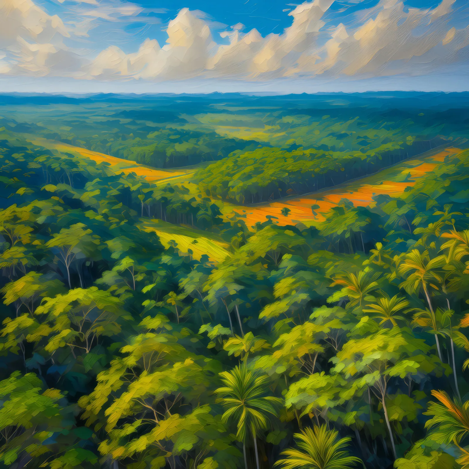 Jungle Aerial Viewpoint, a palette-knife oil landscape by Emma Mickelberg