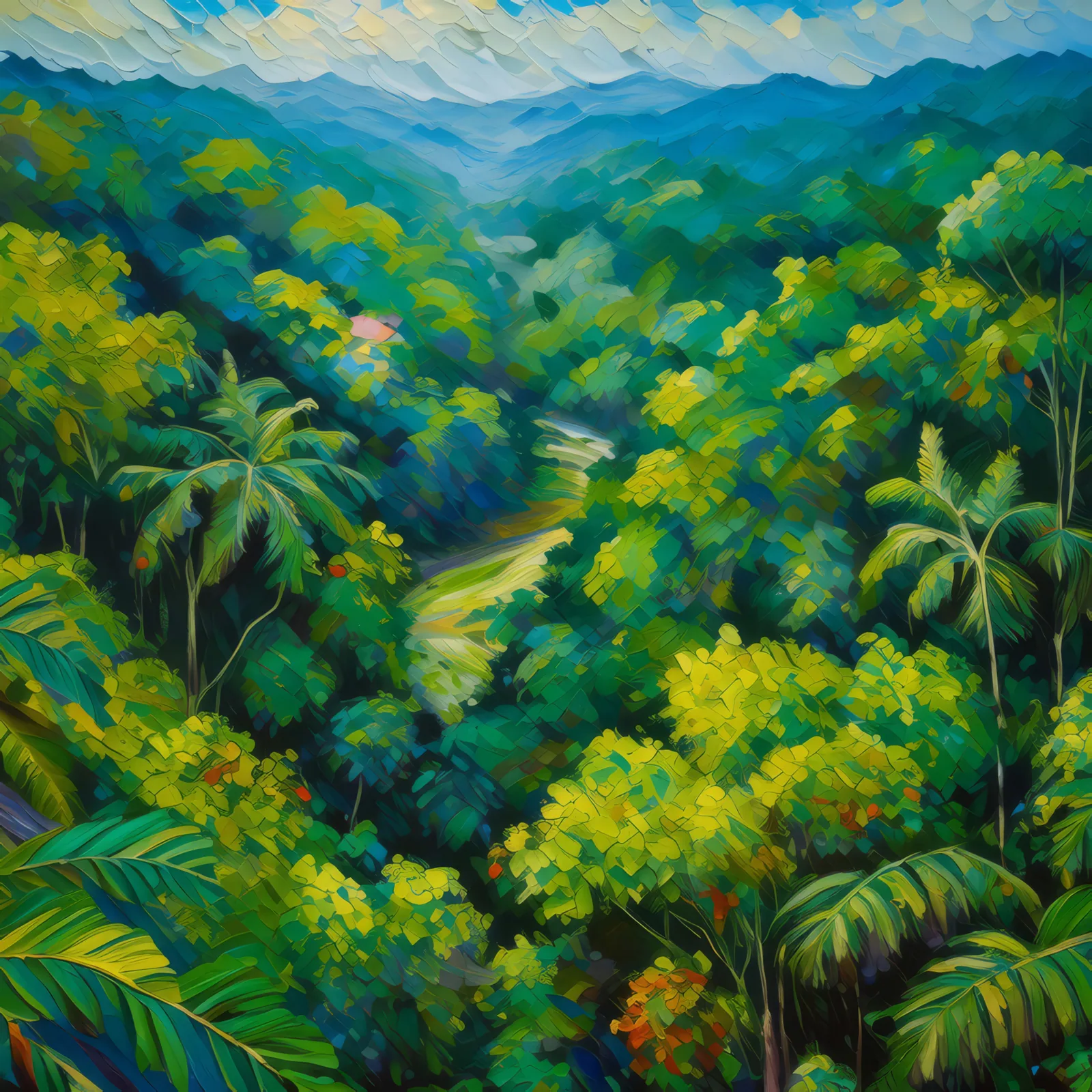 Jungle Canopy Aerial View, a palette-knife oil landscape by Emma Mickelberg