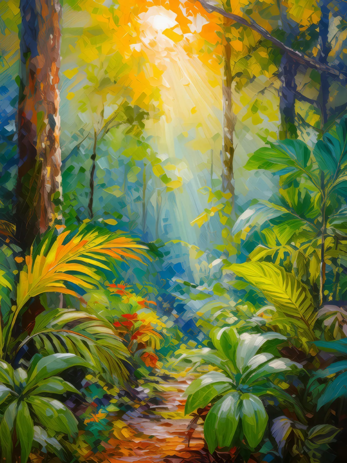 Jungle Canopy at High Noon, a palette-knife oil landscape by Emma Mickelberg
