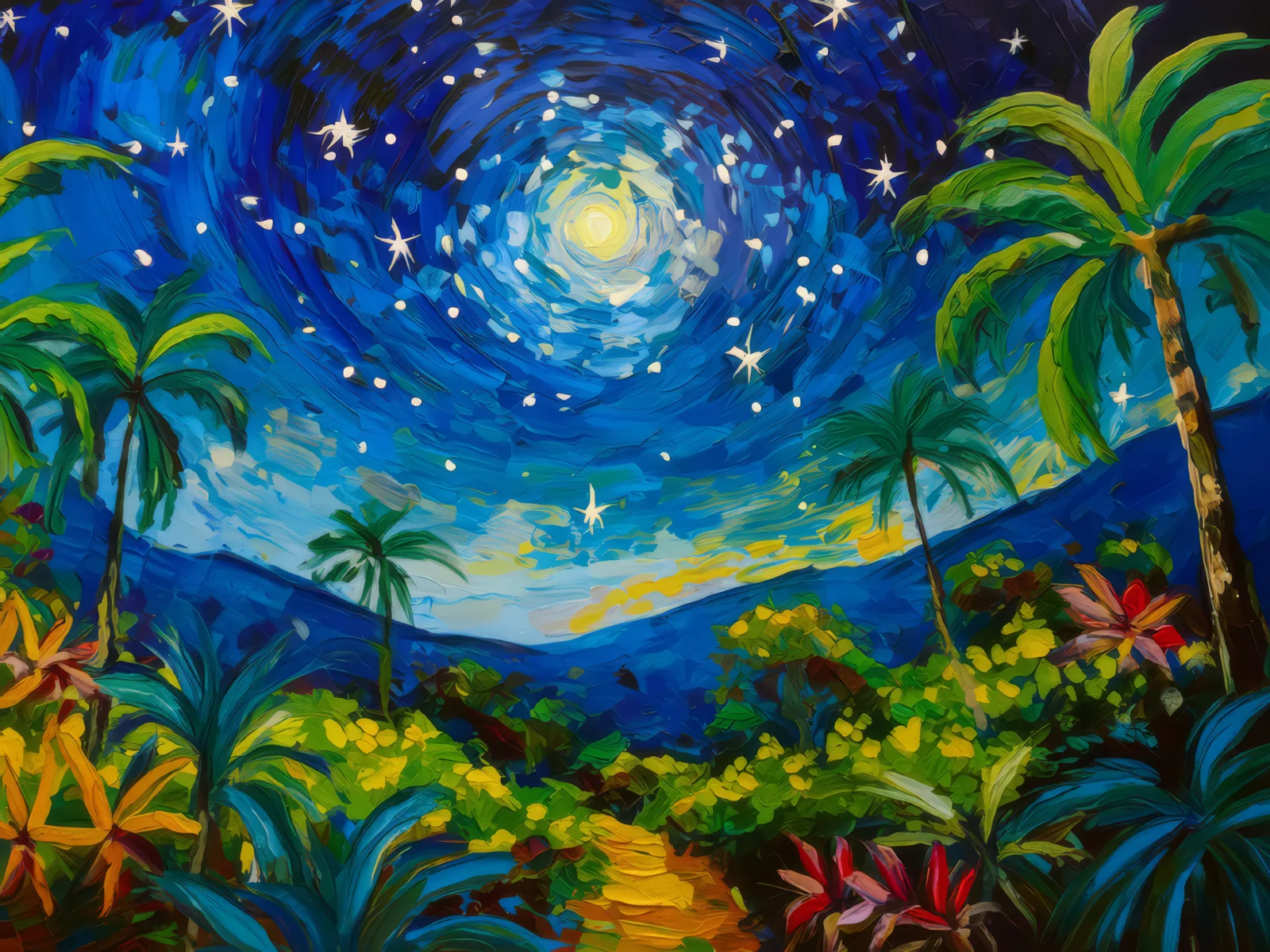 Jungle Canopy Starry Night, a palette-knife oil landscape by Emma Mickelberg