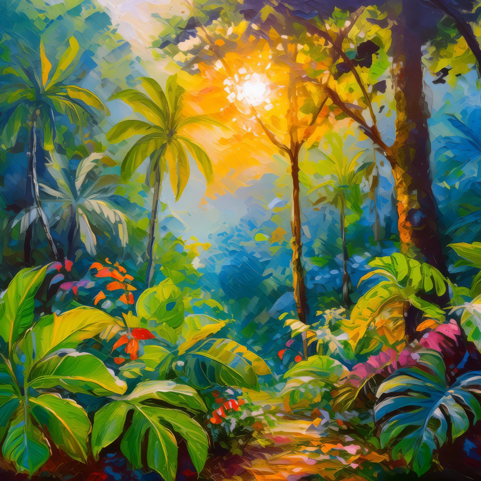 Jungle Canopy Sunrise Glow, a palette-knife oil landscape by Emma Mickelberg